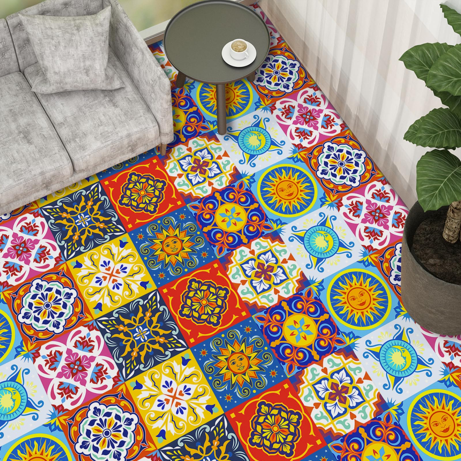 Peel and Stick Wall Tiles Orange Yellow Sun Tiles Self Adhesive PVC Home Decor Backsplash Kitchen Tile Stickers Waterproof Tile Stickers for Bathroom 20x20cm /20 Pcs