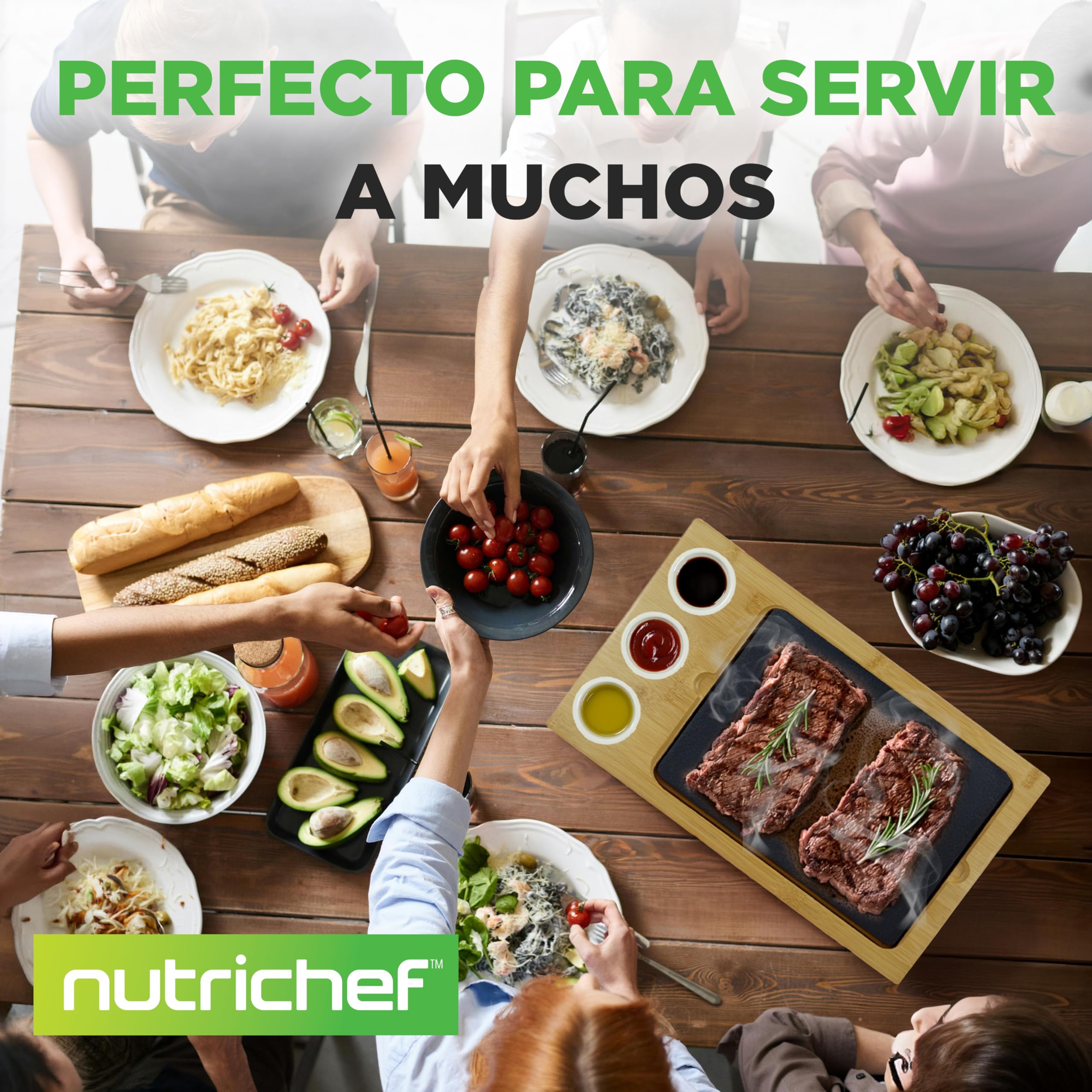 NutriChef Sizzle Juego de Cocina con Piedra Caliente – Parrilla de Mesa con Bandeja de Bambú, Cuencos de Salsa de Cerámica y Bandeja de Acero Inoxidable