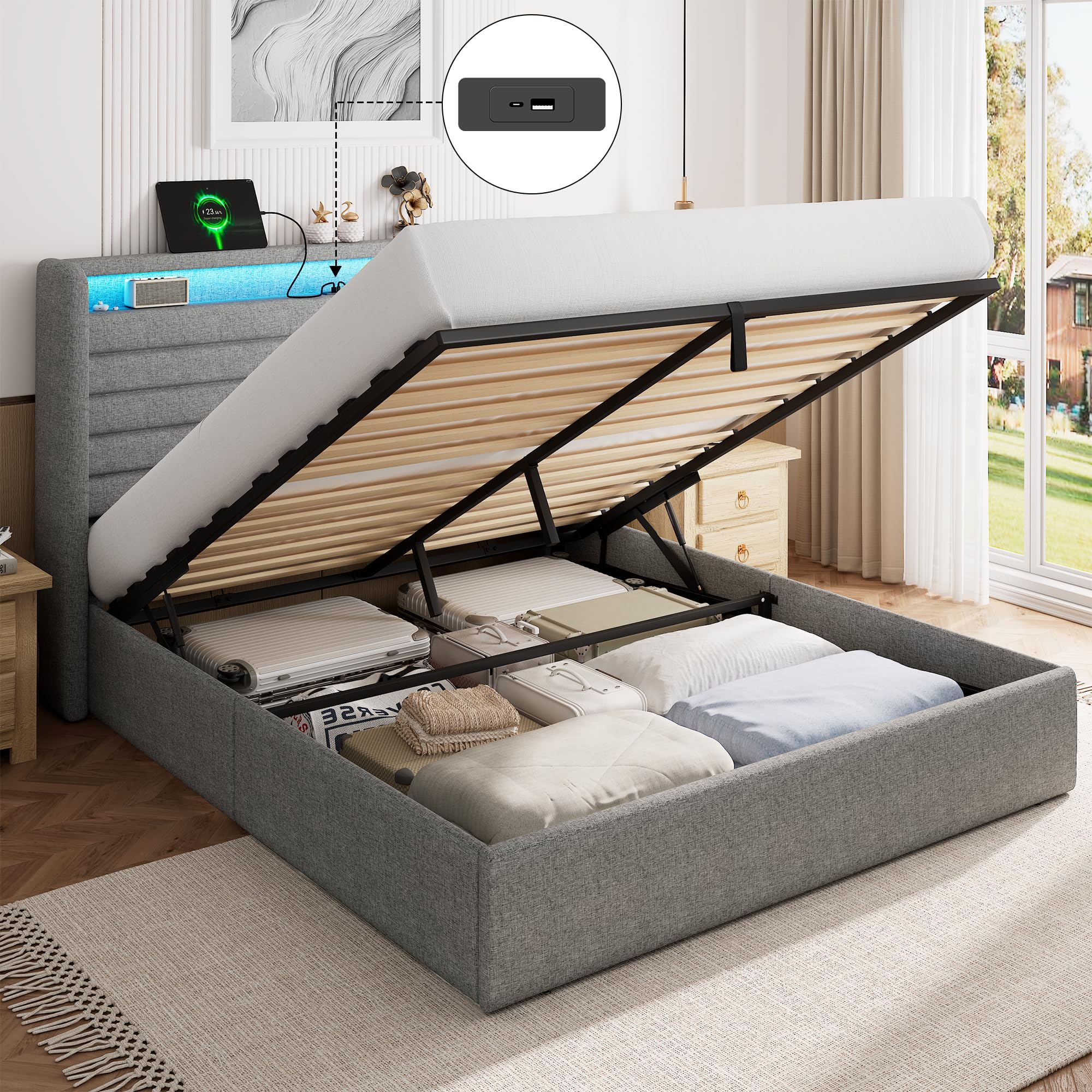 FEONASE Cama de 140 x 200 cm con Espacio de Almacenamiento, Cama Doble tapizada de 140 x 200 cm con cabecero hidráulico y de Lino, Espacio de Almacenamiento, Estructura de Cama con somier, Espacio de