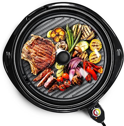Elite Gourmet EMG-980BX - Parrilla eléctrica redonda para interiores de 14 pulgadas, antiadherente, de calor rápido, tacto fresco, ideal para