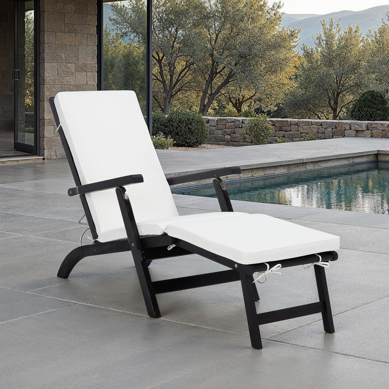 SAFAVIEH Outdoor Collection Palmdale Black Solid Wood/Beige Cushion Chaise Lounge Chair (PAT7015G)