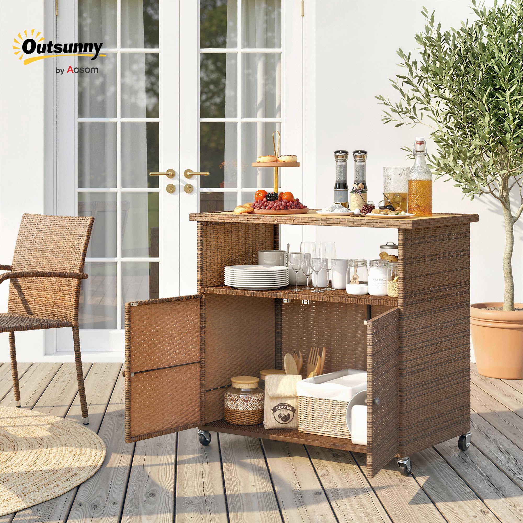Outsunny Chariot de service en rotin avec plan de travail en bois d'eucalyptus FSC, compartiment de rangement, roulettes, poignée latérale, chariot de bar, chariot de barbecue, chariot d'appoint pour