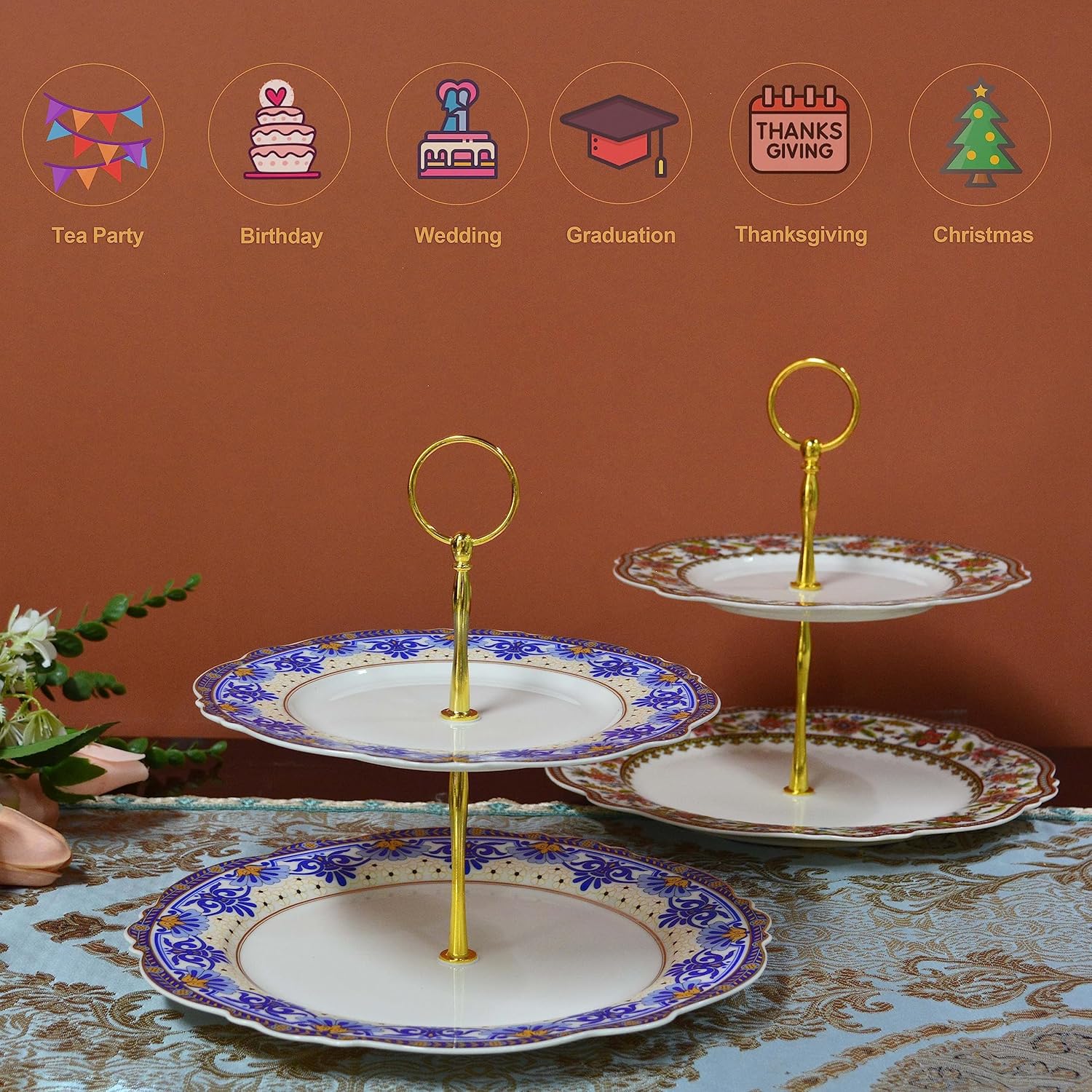 ACMLIFE Bone China Tea Cups and Saucers, 2 Tier Cupcake Stand for Dessert Table, Blue and White