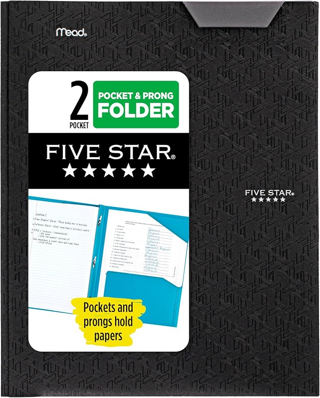 Five Star 2-Pocket Folder, Plastic Folder with Stay-Put Tabs and Prong Fasteners, Holds 8-1/2" x 11" Paper, Black (72113)