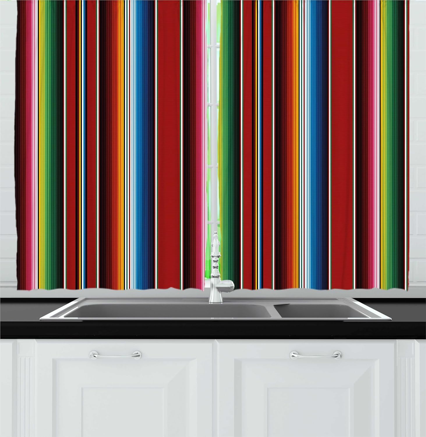 Ambesonne Cinco de Mayo Kitchen Curtains, Mexican Serape Colorful Stripes Vertical Lines Latino Design Illustration, Window Drapes 2 Panel Set for Kitchen Cafe Decor, 55" x 36", Red Green