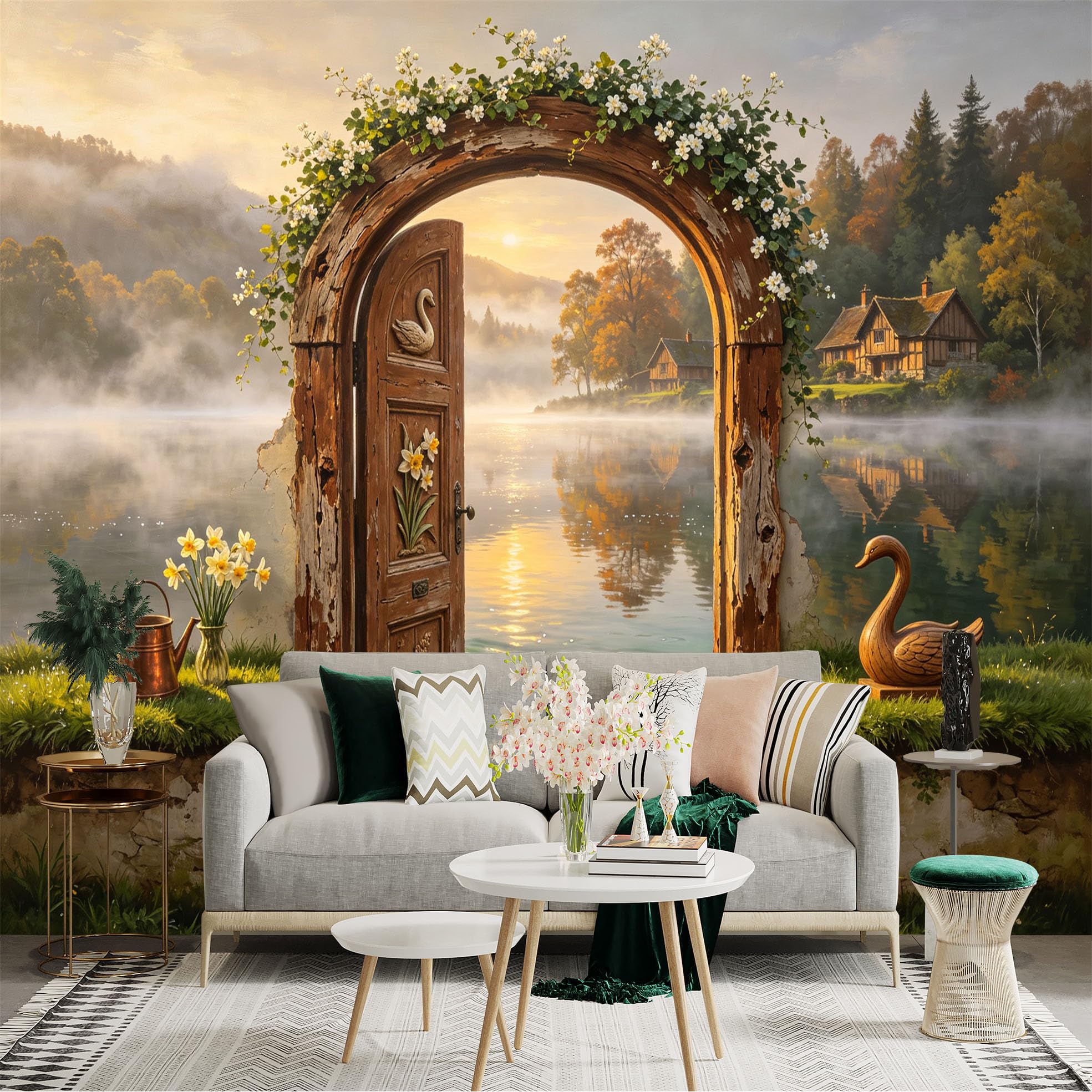 Custom Size Wall Sticker Mural， Rustic Garden Archway， Misty Lake Cottage， Floral Wooden Door， Sunset Nature Scene， for wall Decoration， peelandstick wall Decals.