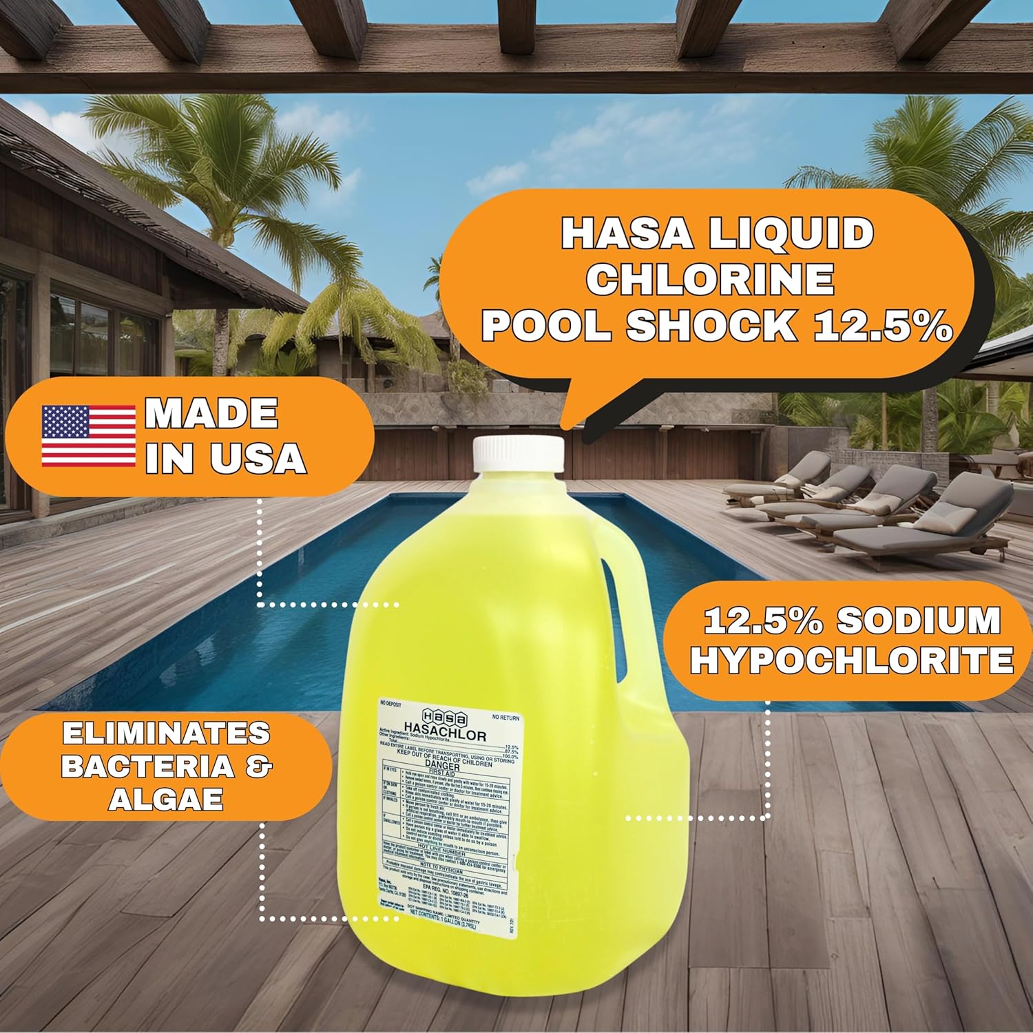 DPM HASA Liquid Chlorine for Swimming Pool | Sodium Hypochlorite 12.5 Percent Pool Shock | Made in USA | Commercial Grade Pool Chlorine Liquid | Essentials Chlorinating Liquid (1)