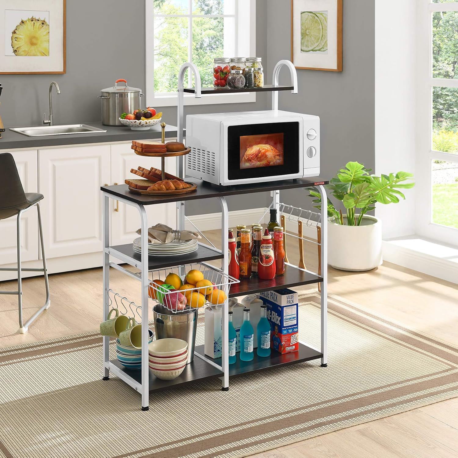 Mr IRONSTONE Bakers Rack Microwave Stand Kitchen Cart 35.5" Microwave Cart 3-Tier+4-Tier Kitchen Shelves for Spice Rack Organizer Coffee Station with 10 Hooks, Easy to Assemble (Dark Black)
