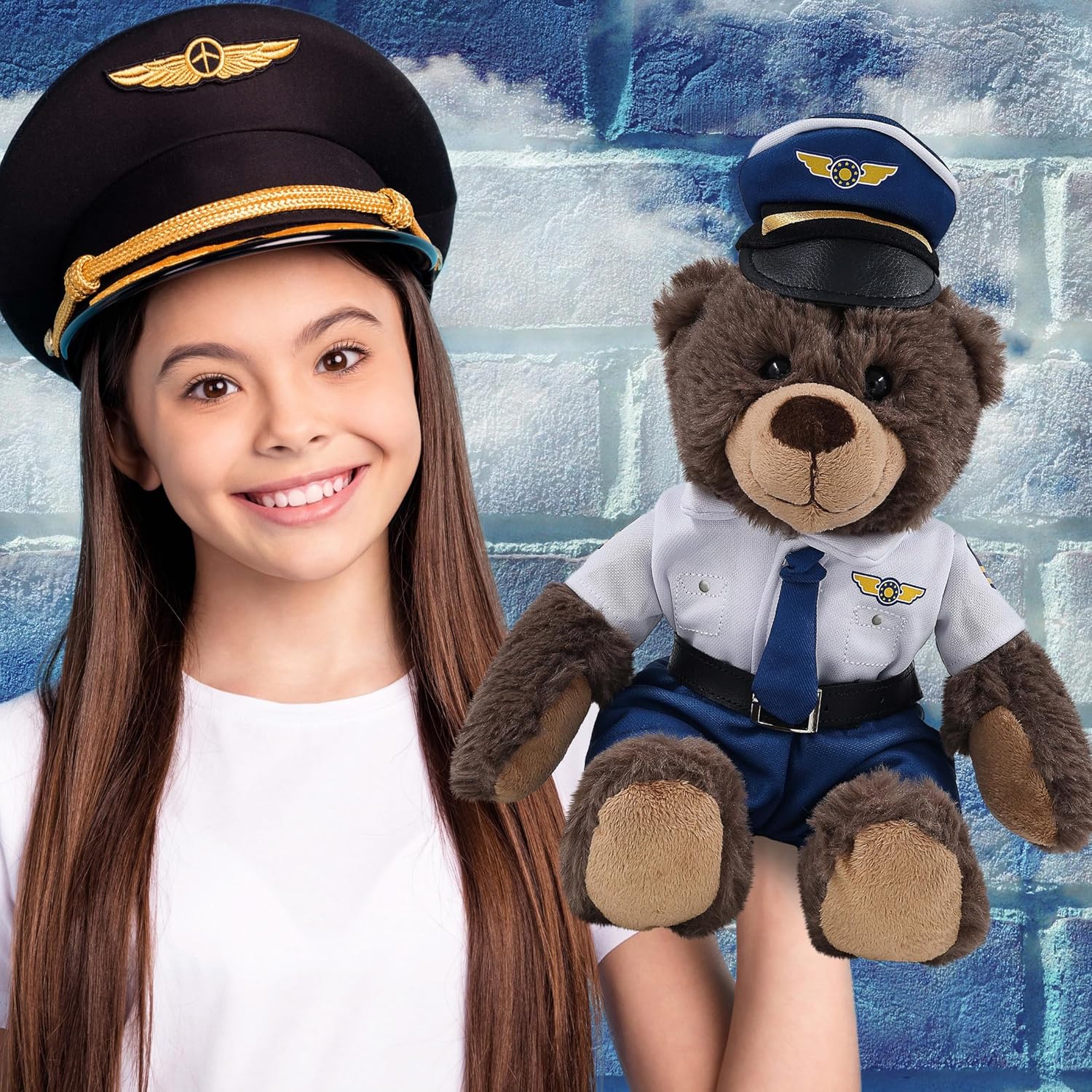 DolliBu Brown Bear Stuffed Animal with Pilot Costume and Name Personalization - Cute Wildlife Bear Plush Toy with Airplane Aviation Uniform Dress Up - 9 Inch