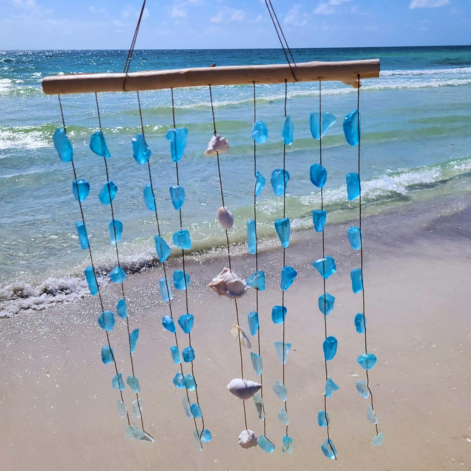 Starfish Seashell & Sea Glass Hanging Wall Art, Indoor/Outdoor, Handcrafted w/Natural Seashells