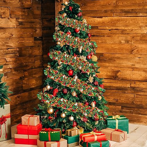 Miniatura 4 de Guirnalda de oropel de Navidad de 33 pies, guirnalda gruesa de oropel para decoración del árbol de Navidad, verde, rojo, dorado, guirnalda de oropel