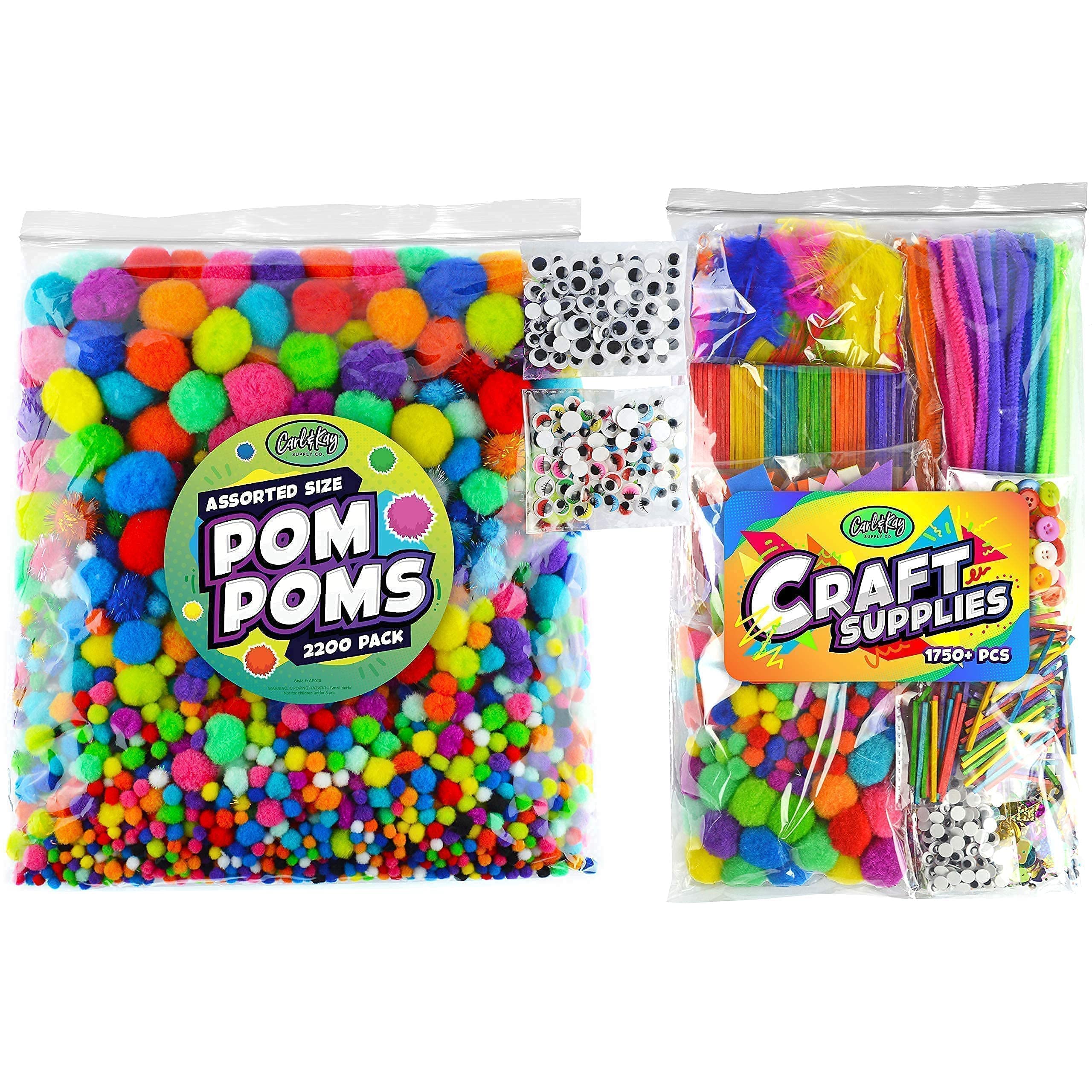 Carl & Kay Assorted Size 2000 Pom Poms, 200 Googly Eyes & 1750+ pcs Crafts Supplies for Kids