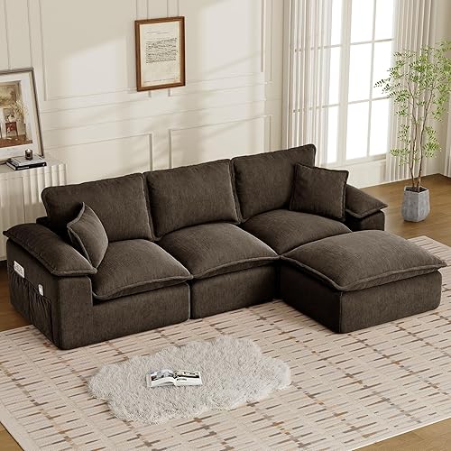 122" Sectional Couches for Living Room, Modular Boneless Couch with Deep Seat & Fluffy Cushion, Cozy Double-Layer Cushioned Sofa with Convertible Ottoman, Comfy Cloud Sofa, No Assembly Required