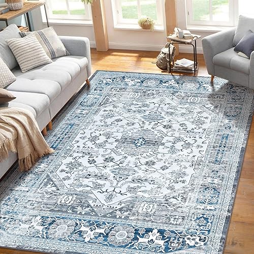 GAOMON Alfombra de área de 8 x 10 pies, lavable a máquina, vintage con parte trasera antideslizante, no desprende pelusa, para interiores, sala de