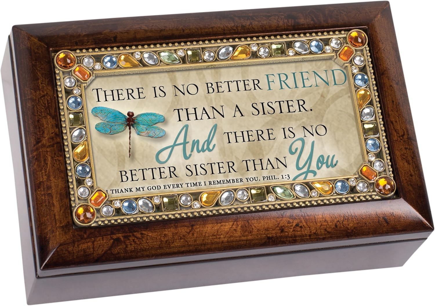 Cottage Garden No Better Friend Sister Jeweled Amber Earth Tone Petite Music Box Plays Amazing Grace