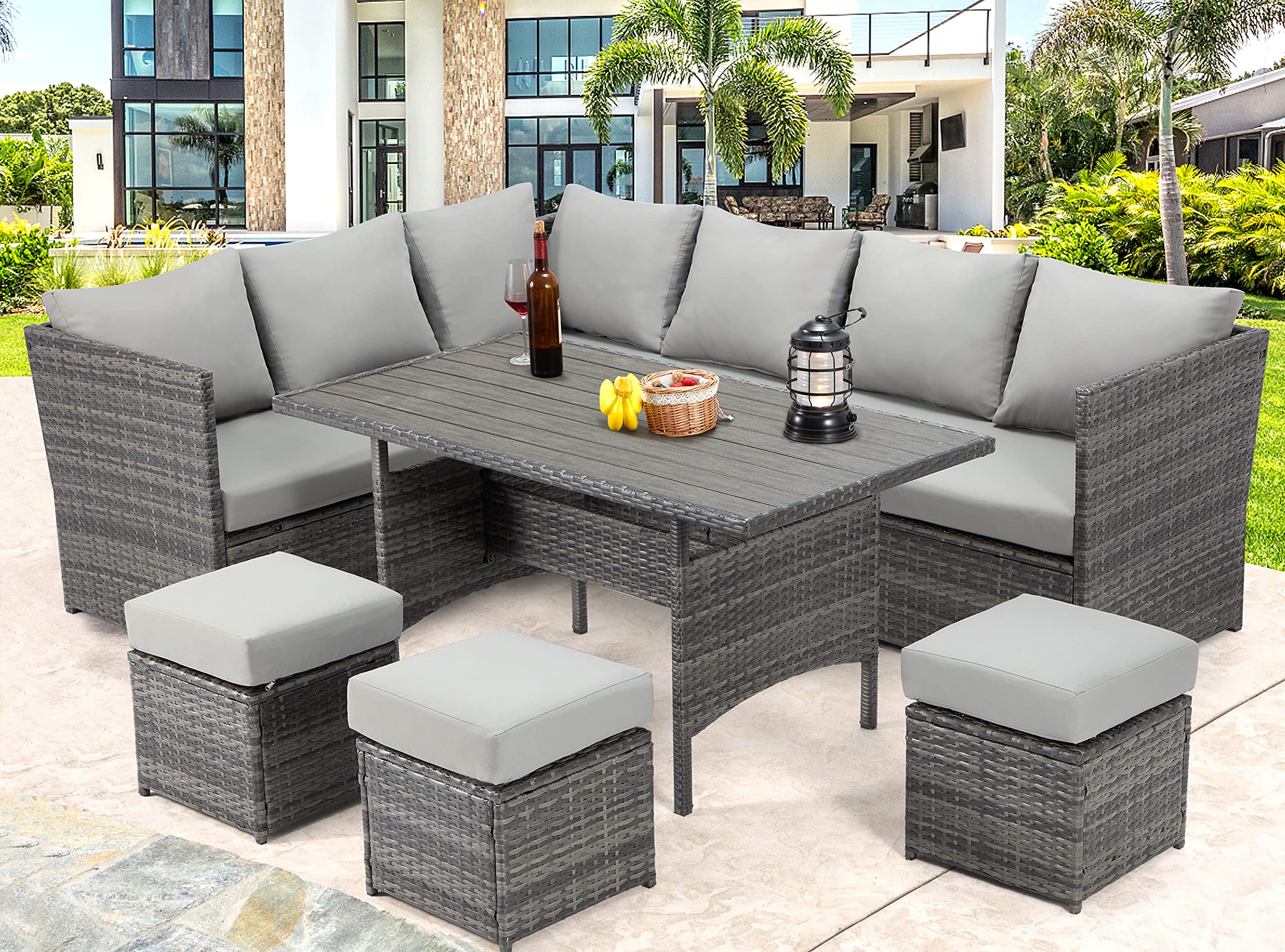U-MAX 7 Pieces Patio Furniture Set Outdoor Sectional Sofa Conversation Set All Weather Wicker Rattan Couch Dining Table & ...