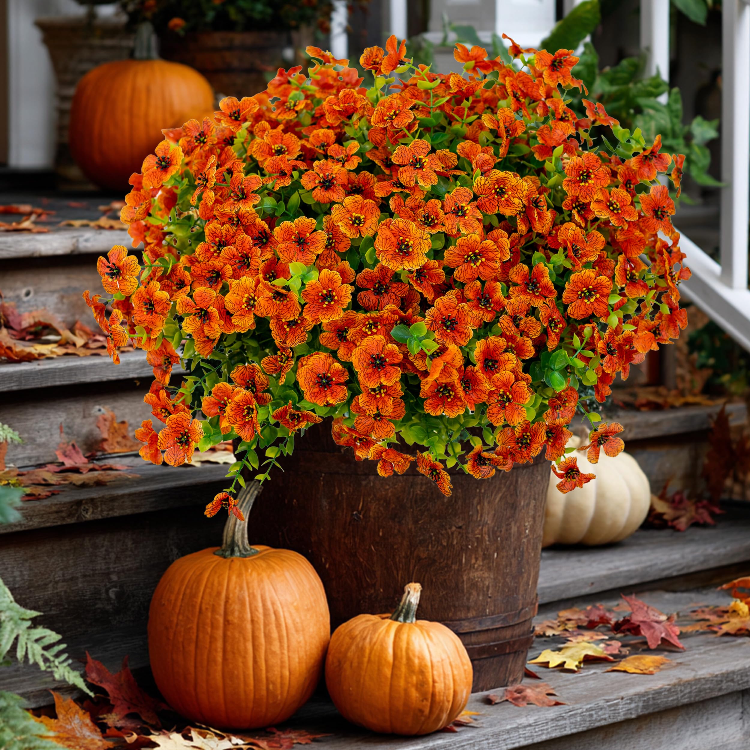 AXYLEX Artificial Flowers for Outdoors Fake Mums - 16 Bundles Faux Plants Outside Greenery Boxwood No Fade Plastic Shrubs Fall Decor Farmhouse Home Garden Thanksgiving (Red Orange16)