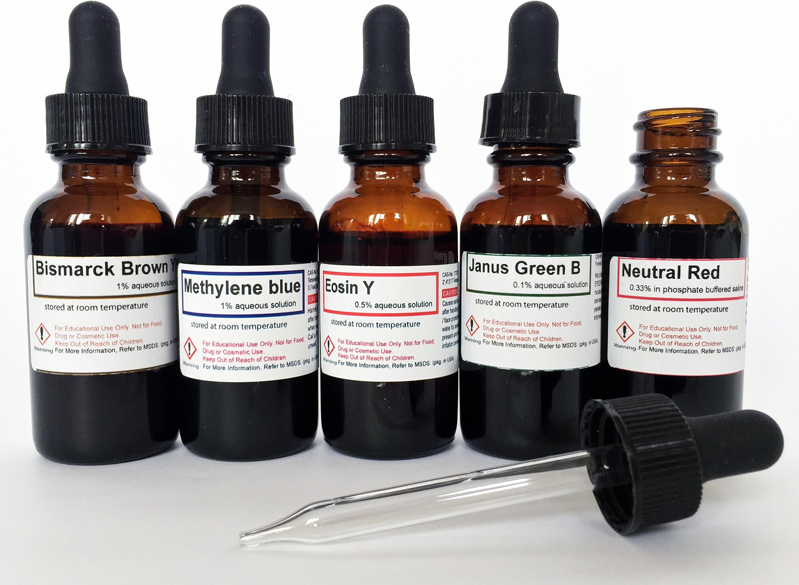 5 Biologic Vital Stain Kit - 30 ML (1 oz) Methylene Blue, Eosin Y, Bismarck Brown Y, Janus Green B and Neutral Red Solutions in Amber Glass Dropper Bottles
