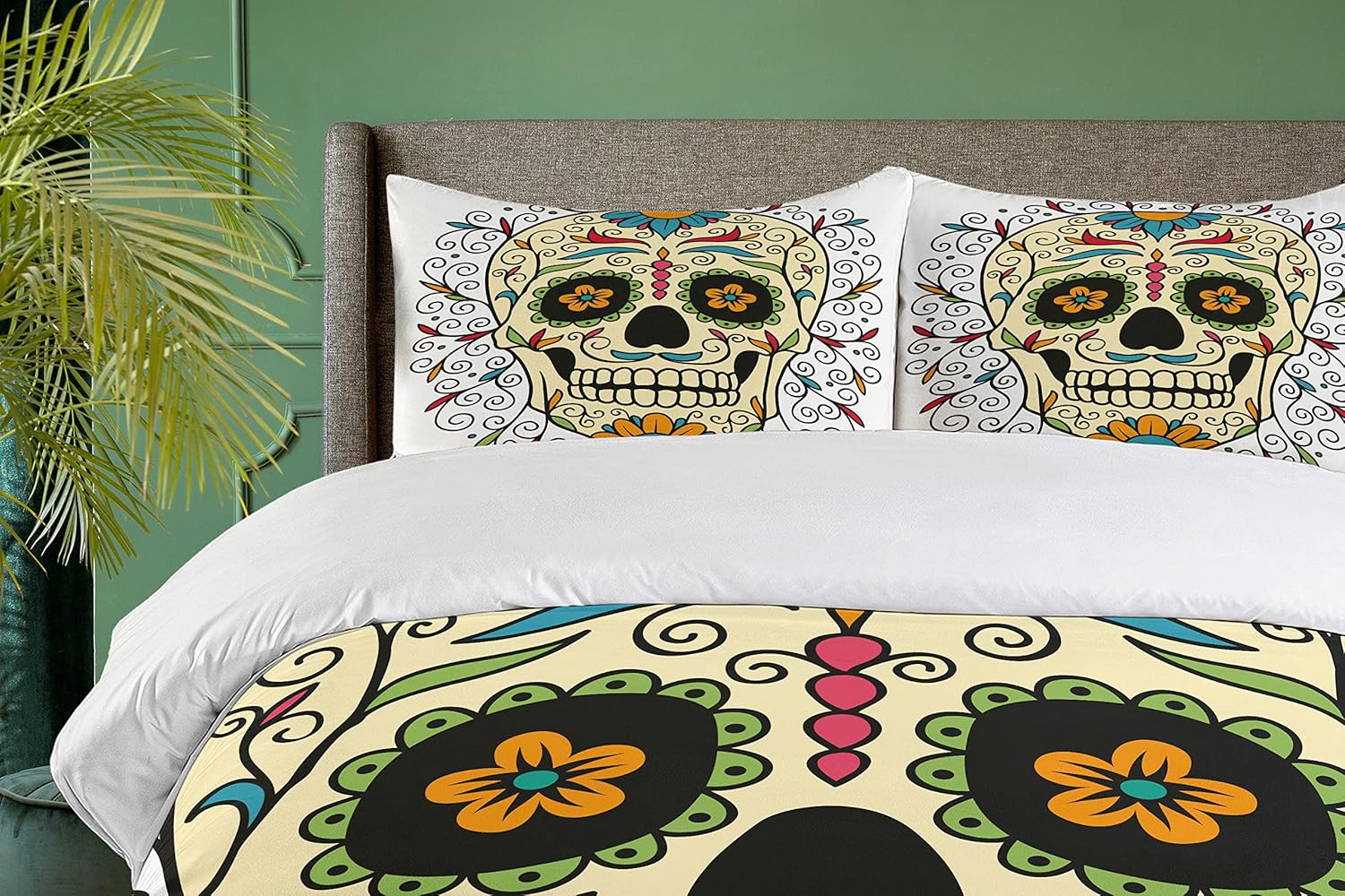 Ambesonne Sugar Skull Duvet Cover Set, Catrina Calavera Featured Ornaments Macabre Remember The Dead Theme, Decorative 2 Piece Bedding Set with 1 Pillow Sham, Twin Size, White Ivory