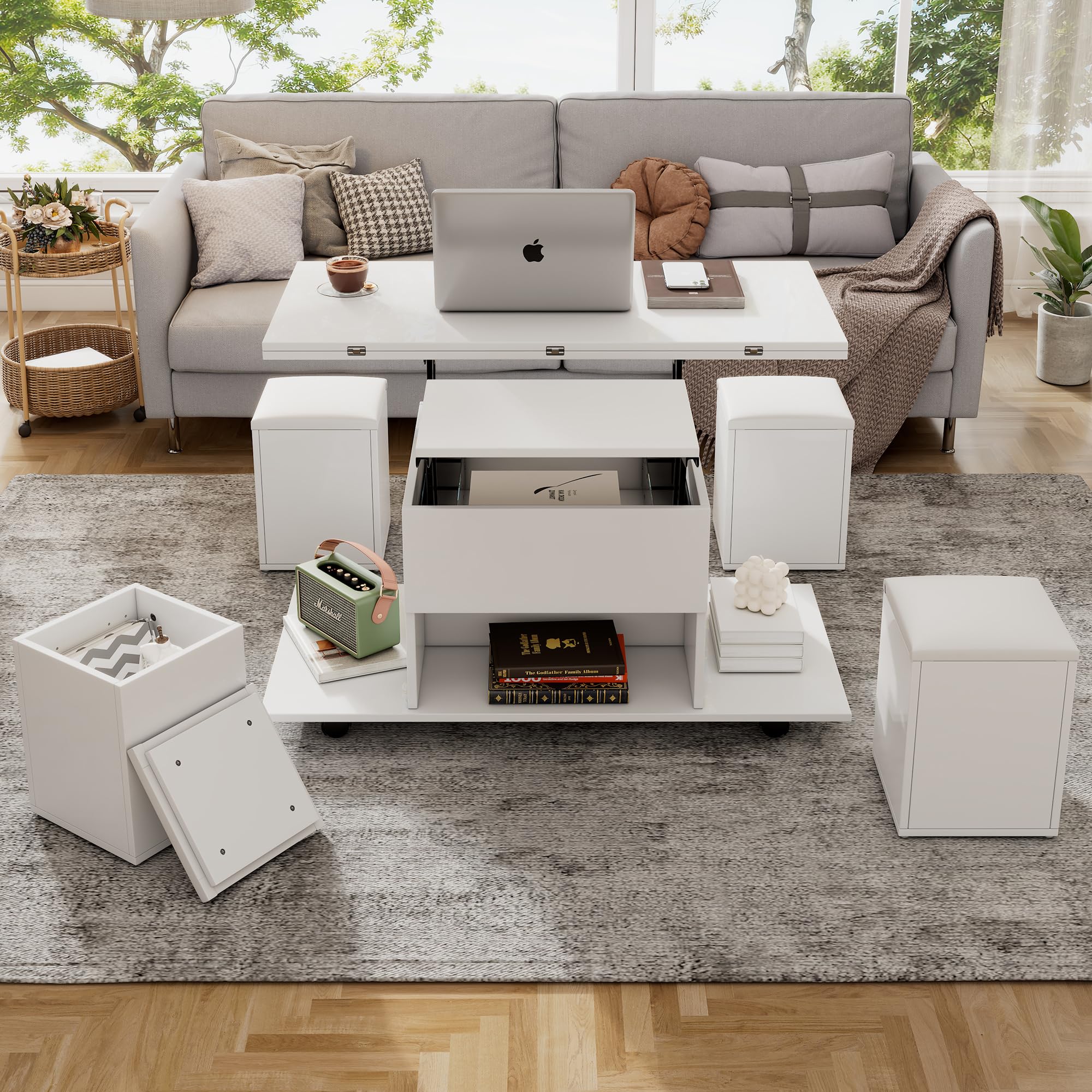Mesa de centro multifuncional elevable: el escritorio puede abrir 2 mesas, color blanco, gran capacidad, muebles modernos de salón, oficina, mesa de comedor, 100 x 100 x 63,5 (largo x ancho x alto)
