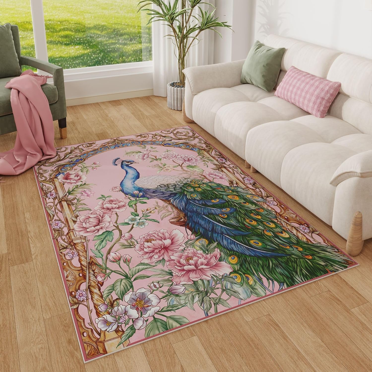 Area Rug 4x6 Rug Washable Floral Peacock Rugs Non Slip Low Pile Floral Animal Small Carpet for Bedroom, Bedside, Kids Room, Office, Dining Room (Pink) Pink 4' x 6' (Rectangular)