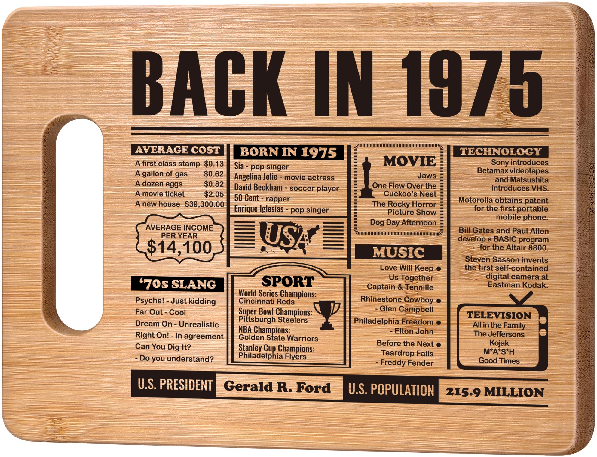 50th Birthday Gifts for Her Him,50 Year Old Birthday Gifts for Women Men,50 Years Gifts for Mom Dad Grandparents Wedding Anniversary,Back In 1975 50s Birthday Decorations Engraved Bamboo Cutting Board