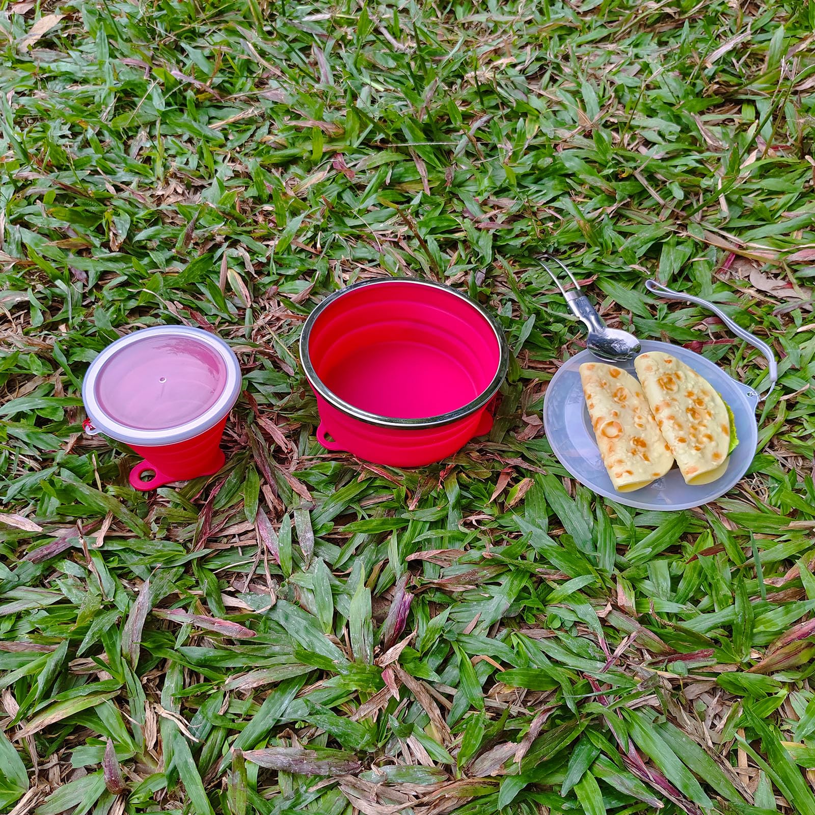 Juego de 2 cuencos plegables de silicona para camping, taza plegable y cuchara de acero inoxidable para mochileros, senderismo, viajes y picnic