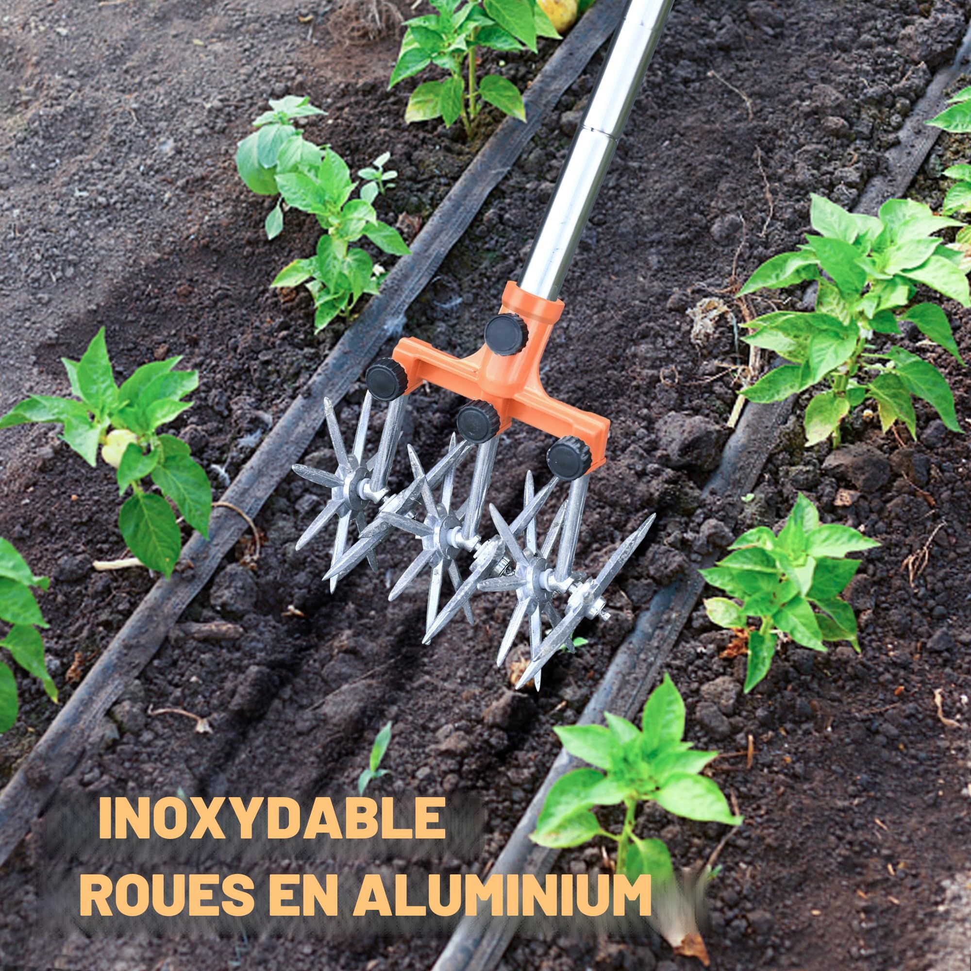 BARAYSTUS - Cultivateur de jardin rotatif réglable en acier inoxydable pour mélanger saumure ou réensemencement, longueur totale : 145 cm