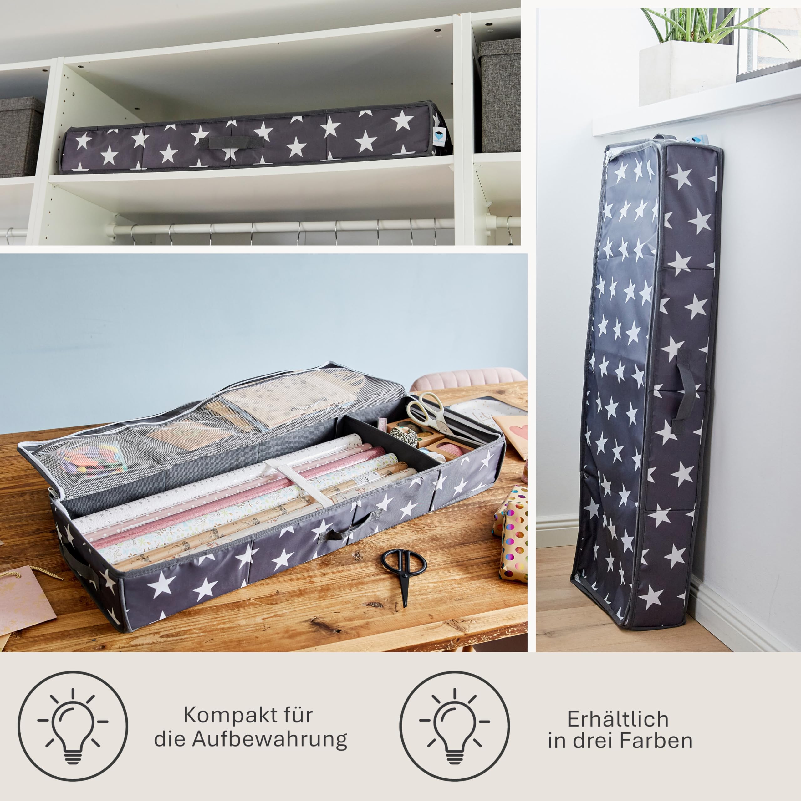LOVE IT STORE IT Tasche für Geschenkpapier Aufbewahrung - Hochwertiger Geschenkpapier Organizer - Mit Fächern für Geschenkbänder - Grau mit Sternen - 90x30x12 cm