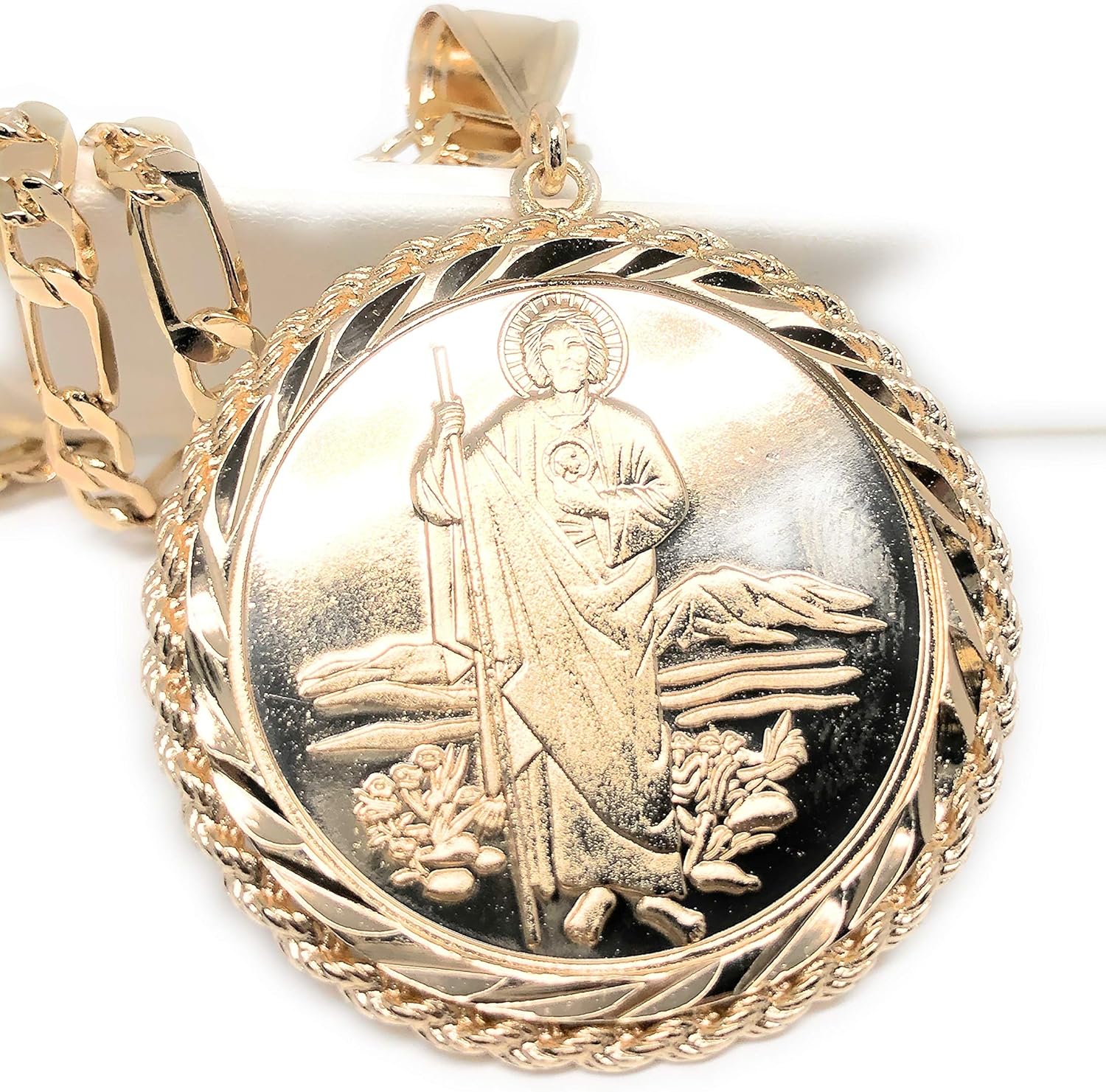 Saint Jude Pendant Necklace Figaro 26" San Judas Tadeo Virgen Centenario Medalla Oro Laminado