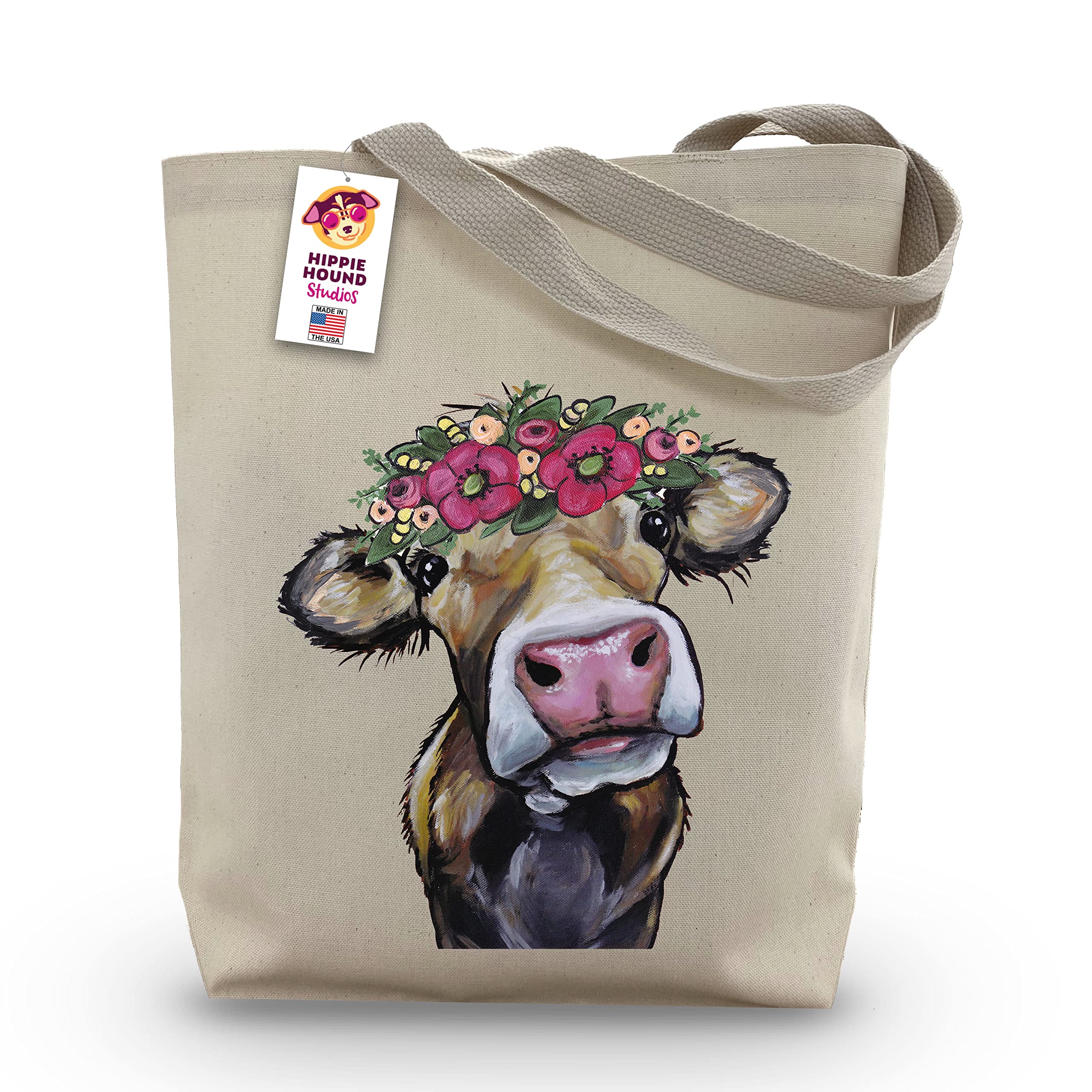 Gifts for Mom - Cow Tote Bag - Cow Lover Gift - Flower Crown Cow Totes -Handmade Totes - Cow Canvas Totes - Cute Cow Reusable Shopping Bag - Shoulder
