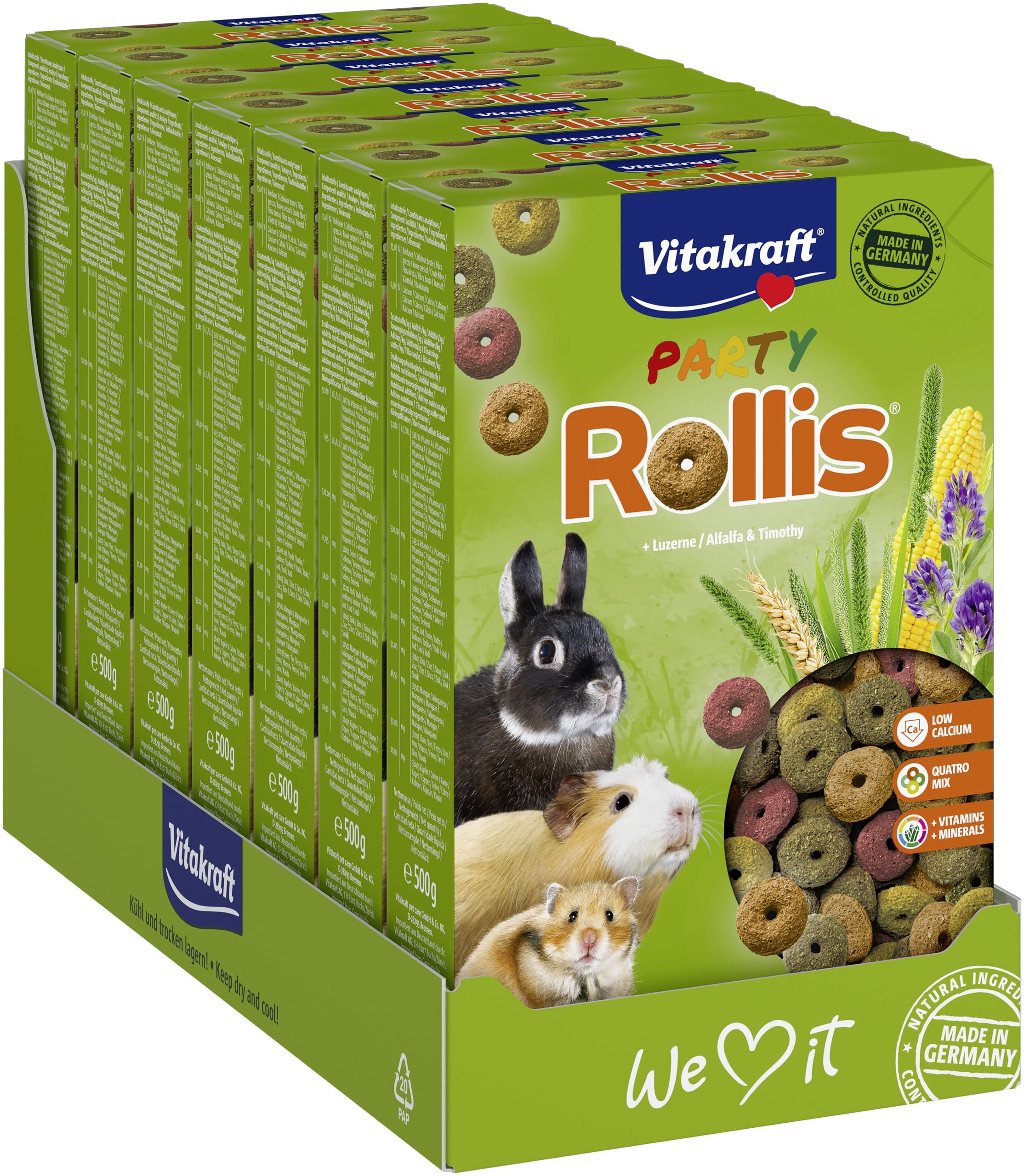 Vitakraft Rollis, anelli croccanti per roditori,poveri di calcio,con erba medica,a completare l'alimento principale o come snack tra un pasto e l'altro, senza zuccheri e cereali(7x 500g)