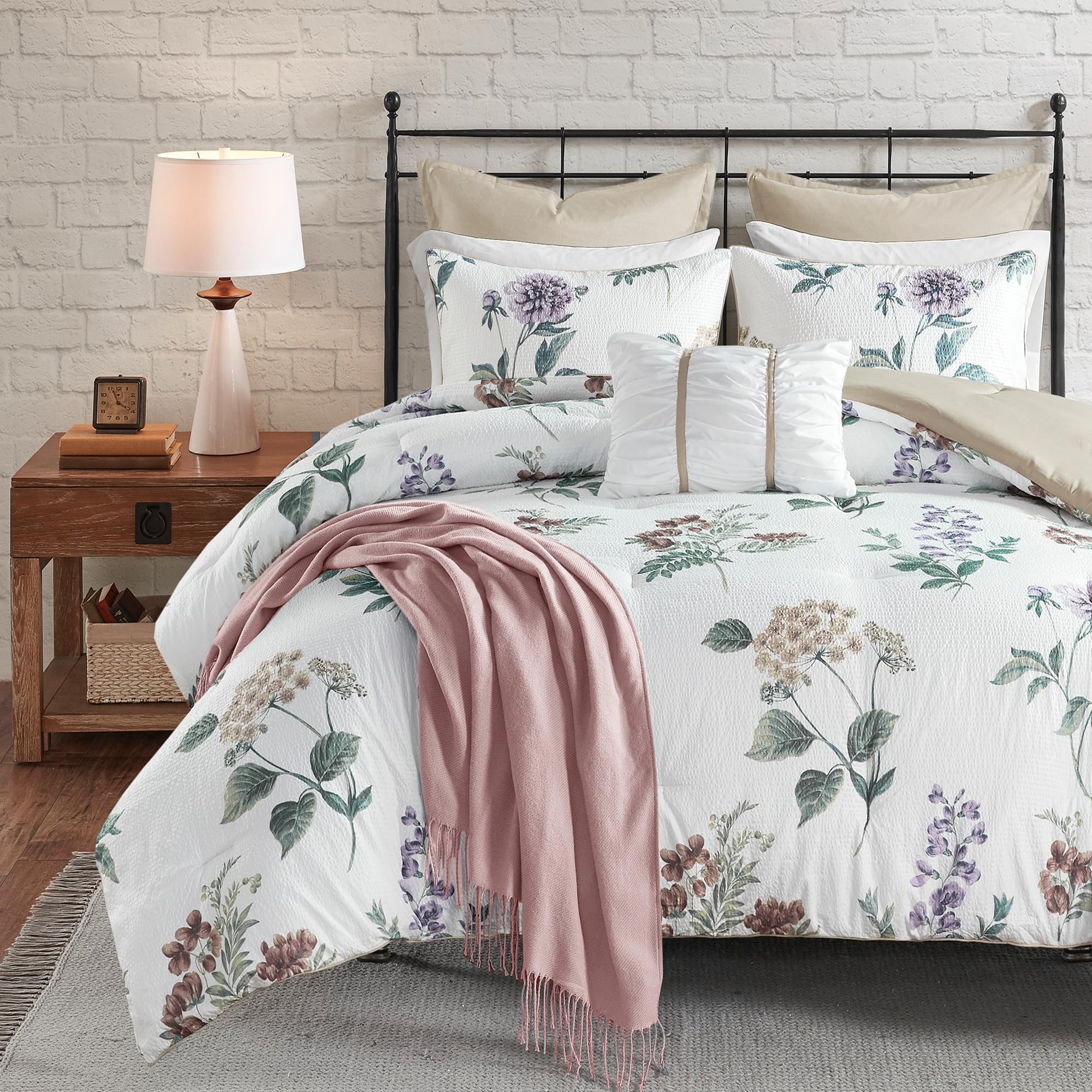 Madison Park Zennia Country Cottage King Comforter Set with Throw-Blanket, Floral Print on Seersucker Textures, All Season Bedding, Shams, Decor Pillows, King/Cal King(104"x92"), Taupe/Blush 7 Piece