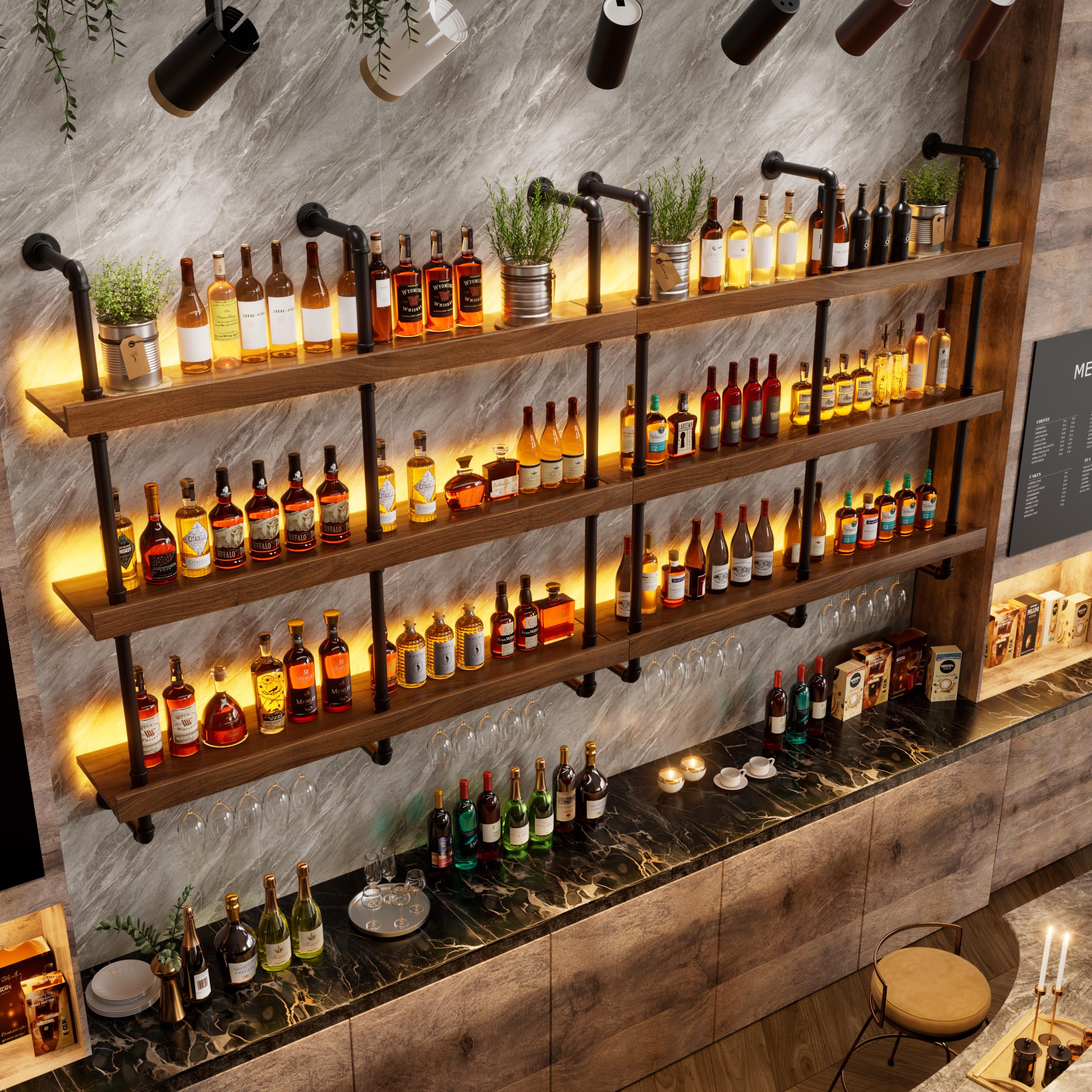 Weinregal Wand Mit LED-Licht & Glashalter Weinregal für Die Wand aus Metall & Massivholz 3-stöckig Weinhalter Metall Hängend Aufbewahrungsregal Ideal für Bars,Weinkeller,Küche,Restaurants 25*120*120CM