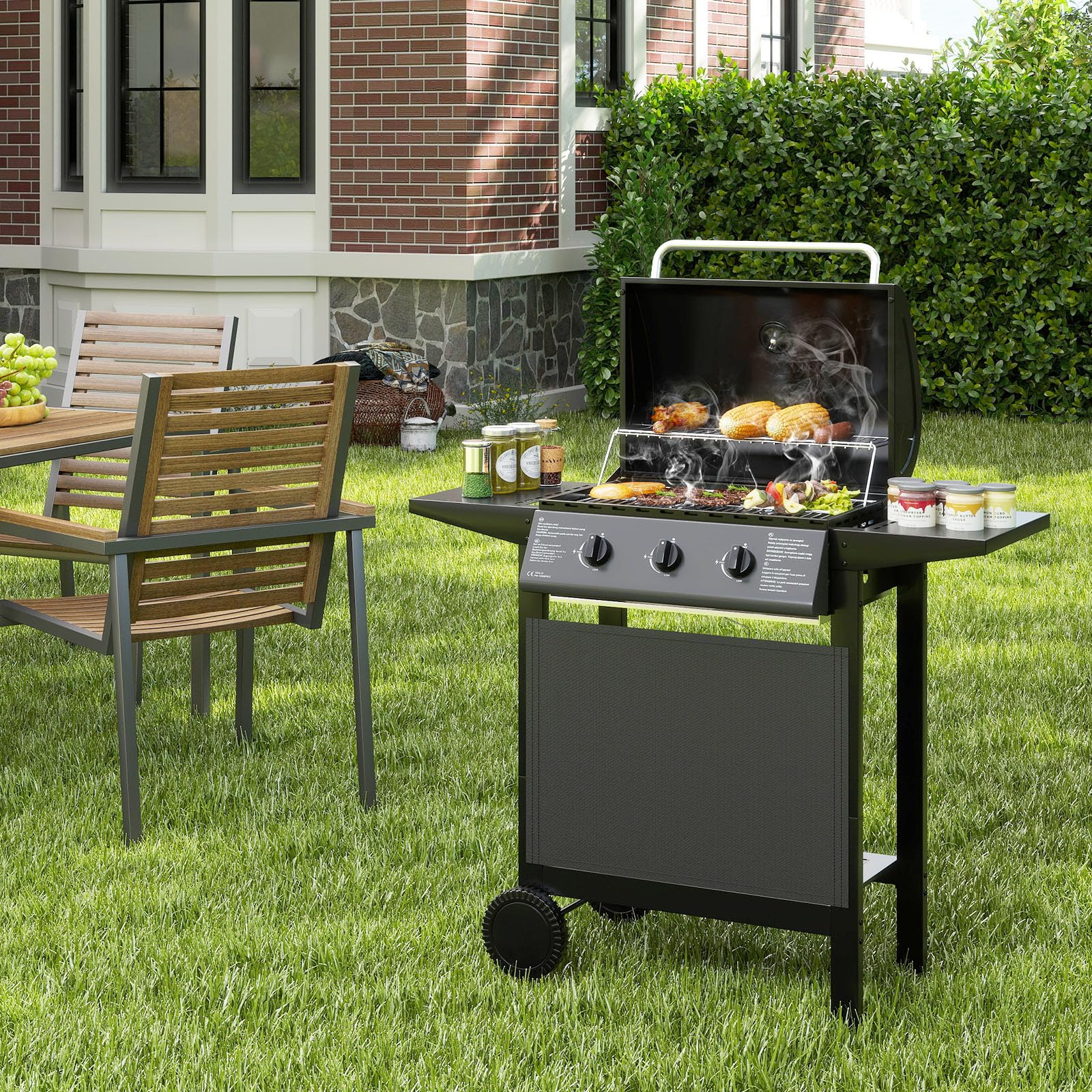 COSTWAY Barbecue Gaz Propane 3 Brûleurs, 24,000 BTU Gril à Gaz Extérieur avec Grilles en Acier Inoxydable Thermomètre 2 Tables Latérales, Chariot à Barbecue sur Roulettes pour Camping Jardin