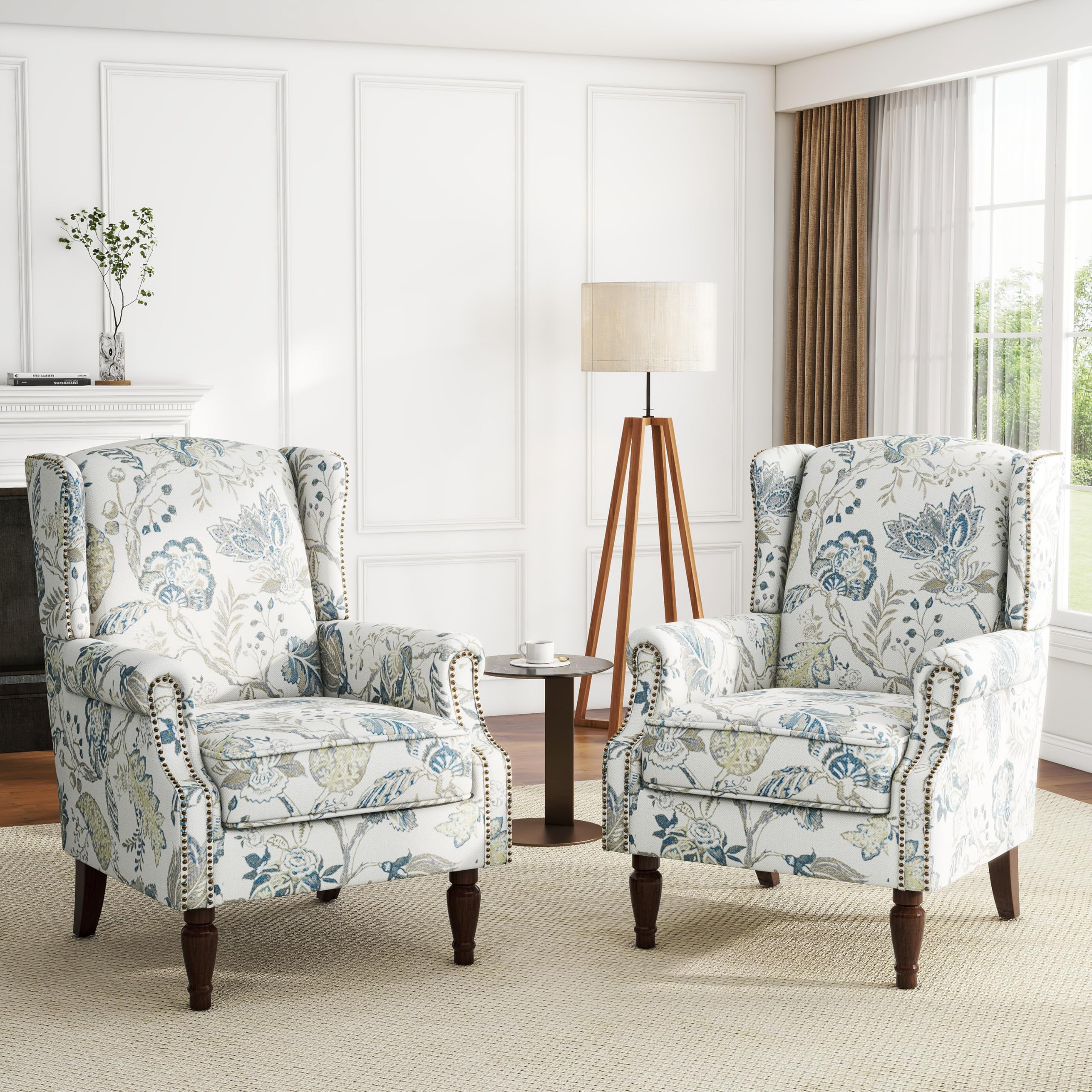 UIXE High Back Floral Accent Chairs Set of 2, Upholstered Armchair in Fabric, Retro Printed Wingback Arm Chair for Living Room, Nailhead Trim Single