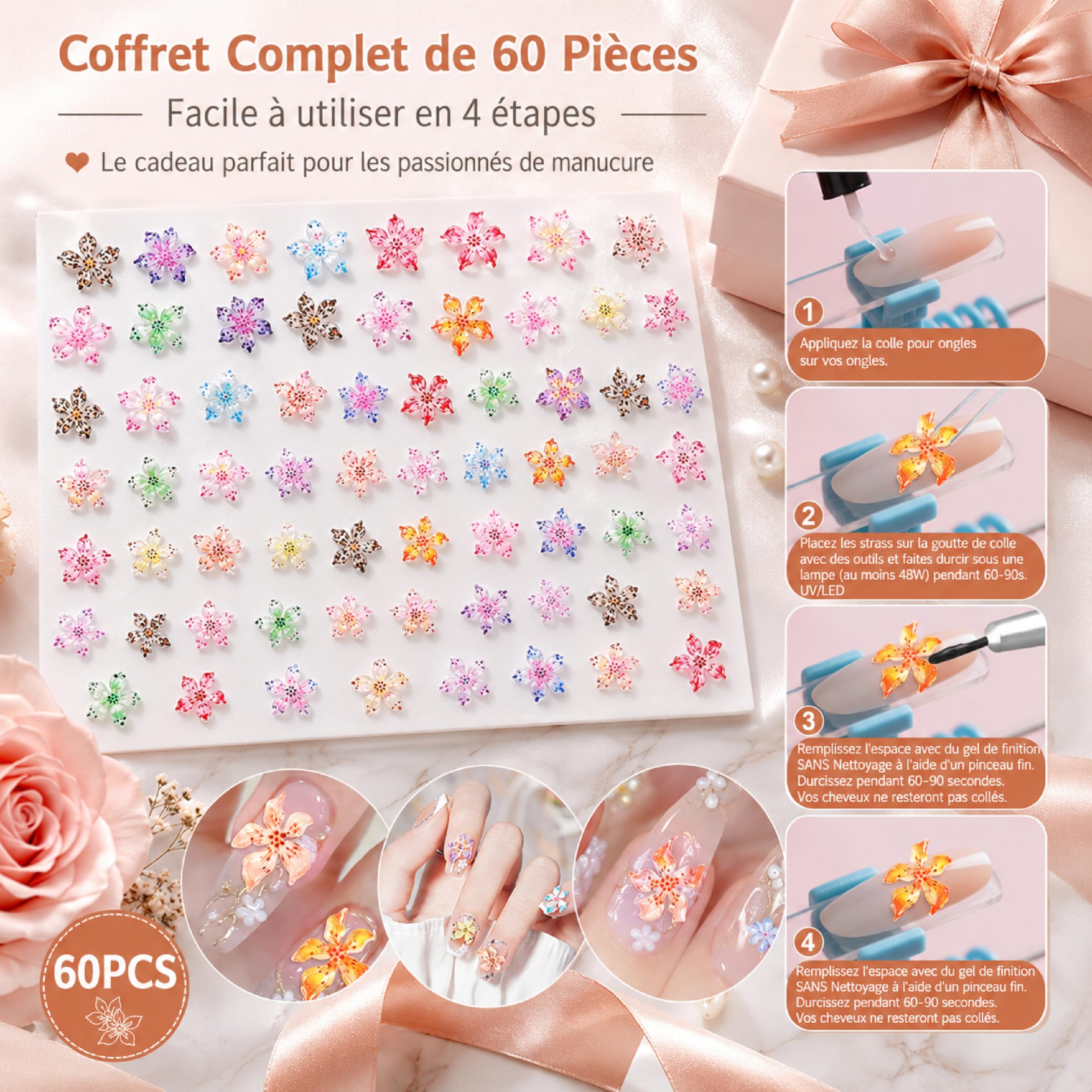 Zestaw 60 sztuk 3D Flower Charms, zawieszki do paznokci w kształcie kwiatów, ozdoby kwiatowe do paznokci, do dekoracji manicure i kreacji