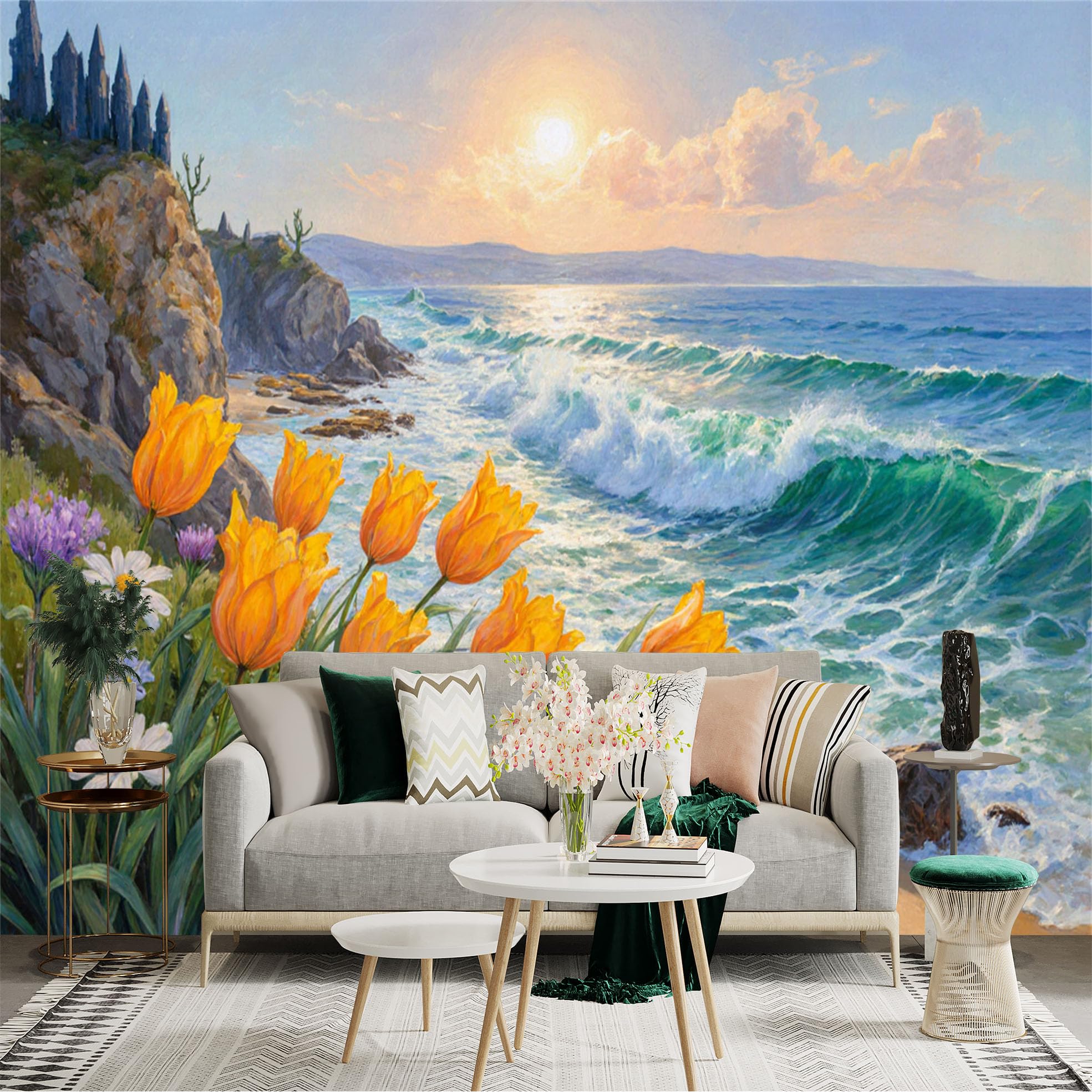 Custom Size Wall Sticker Mural， Coastal Sunset with Waves， Cliffside Flowers and Golden Tulips， for wall Decoration， peelandstick wall Decals.