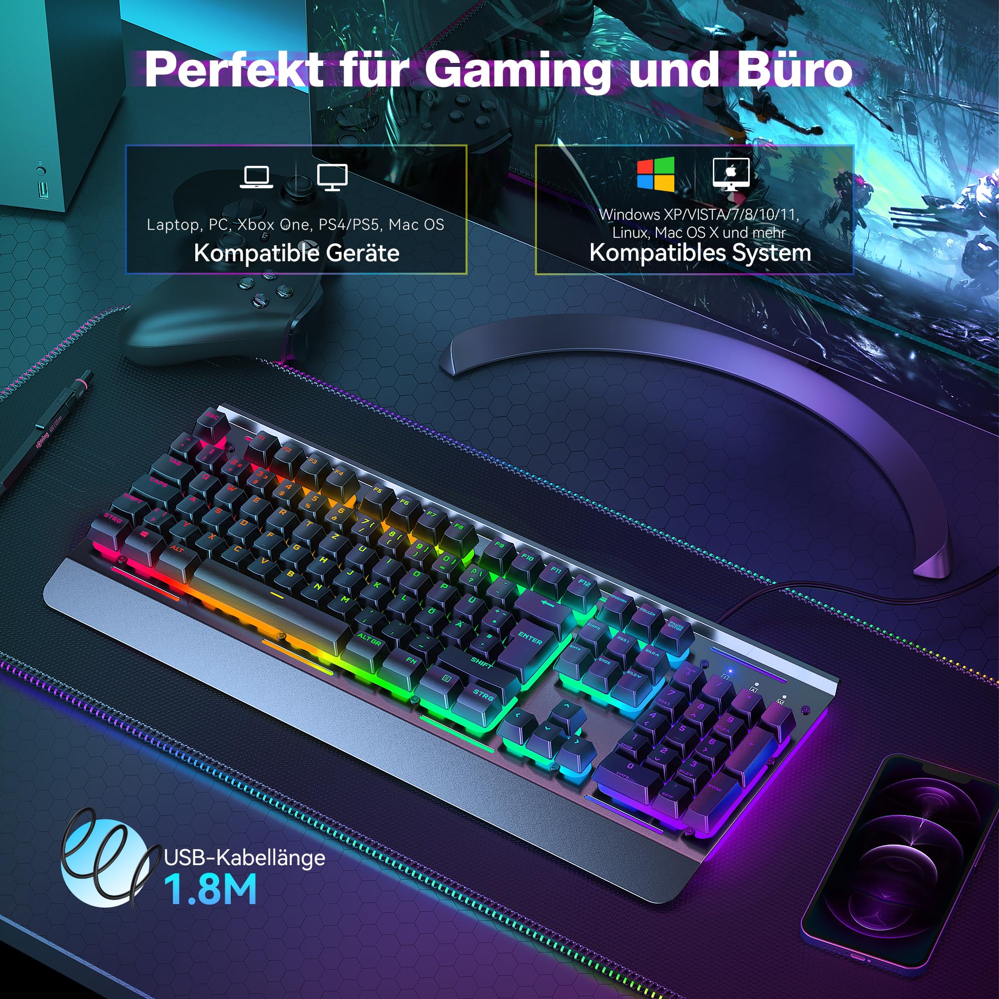 TECKNET Teclado RGB para videojuegos, teclado de membrana con 105 teclas, panel de metal, teclado con cable con reposamuñecas, iluminación RGB de 15 zonas, teclado de ordenador, 25 teclas