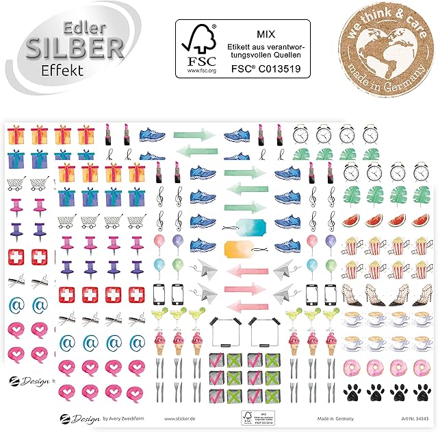AVERY Zweckform Decorative Stickers 328 Stickers Icons Symbol (Stickers on A5 Sheet, for Bullet Journal, Diary, Family Calendar, Scrapbooking, Organisation, Gifts, with Silver Effect) 54543