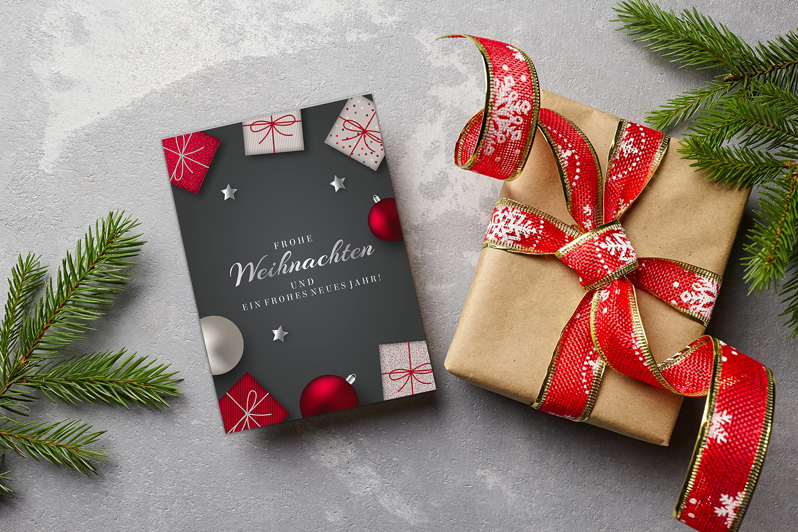 Set of 12 Christmas Cards Folding Cards Square with Envelopes Card Cards Envelopes Shiny Merry Christmas Xmas Grey Red Black Ball Gift Christmas Greetings - Image 4