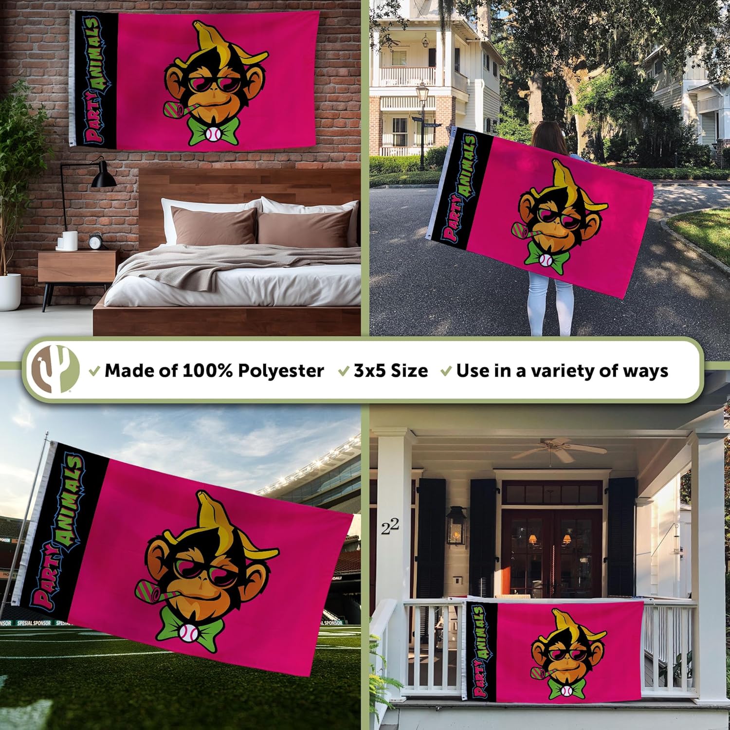 Desert Cactus Party Animals Baseball Flag 100% Polyester Indoor Outdoor 3x5 feet Team Flags (Flag C)