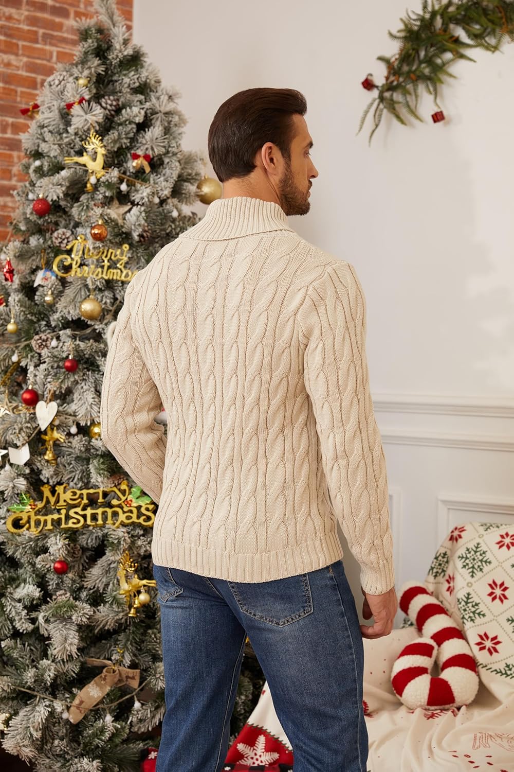 Zaitun Men's Turtleneck Sweater Fisherman Style Cable Knit Pullover Warm Lightweight Breathable Winter Sweater for Men