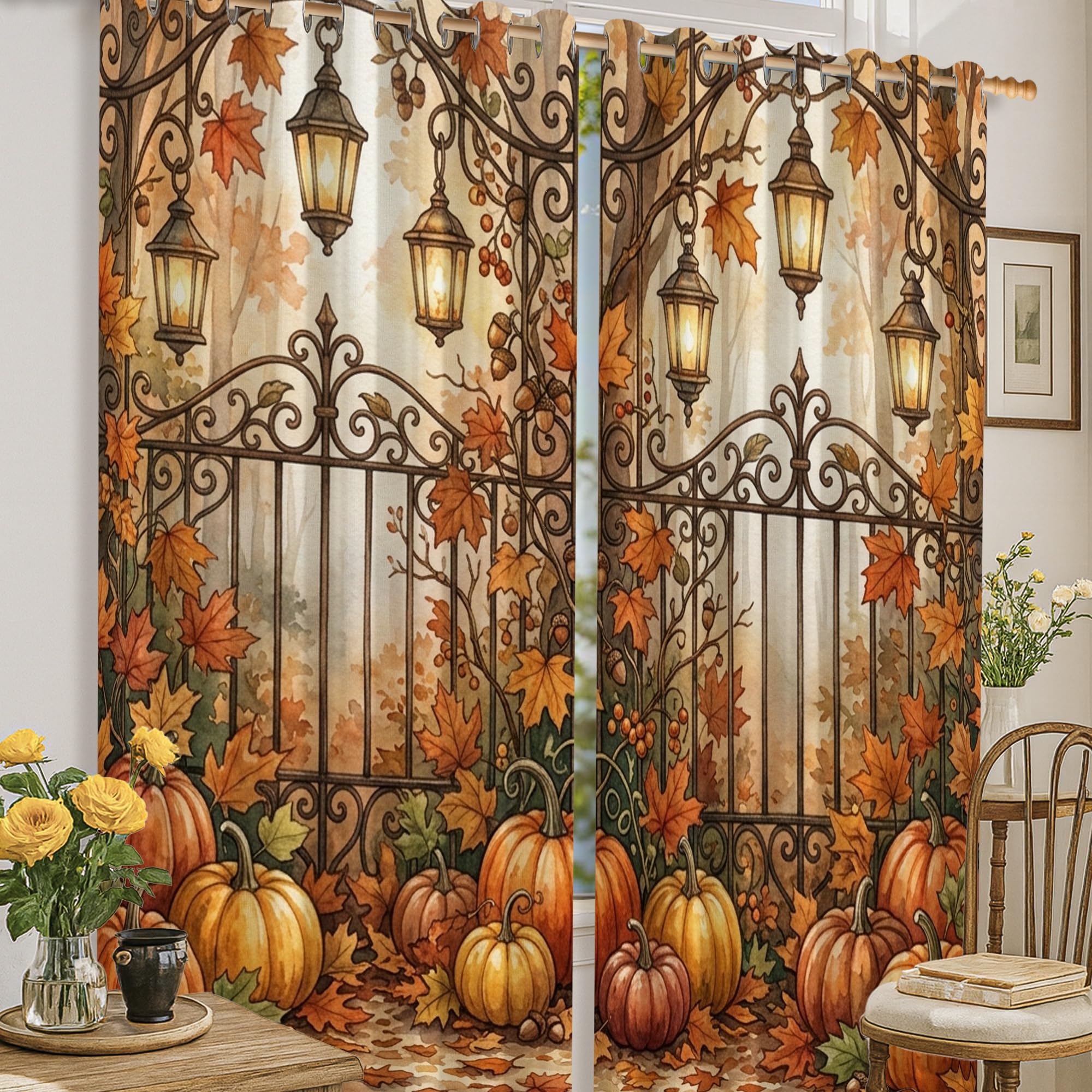 Rideaux occultants rustiques avec isolation thermique motif citrouilles d'automne 132x160