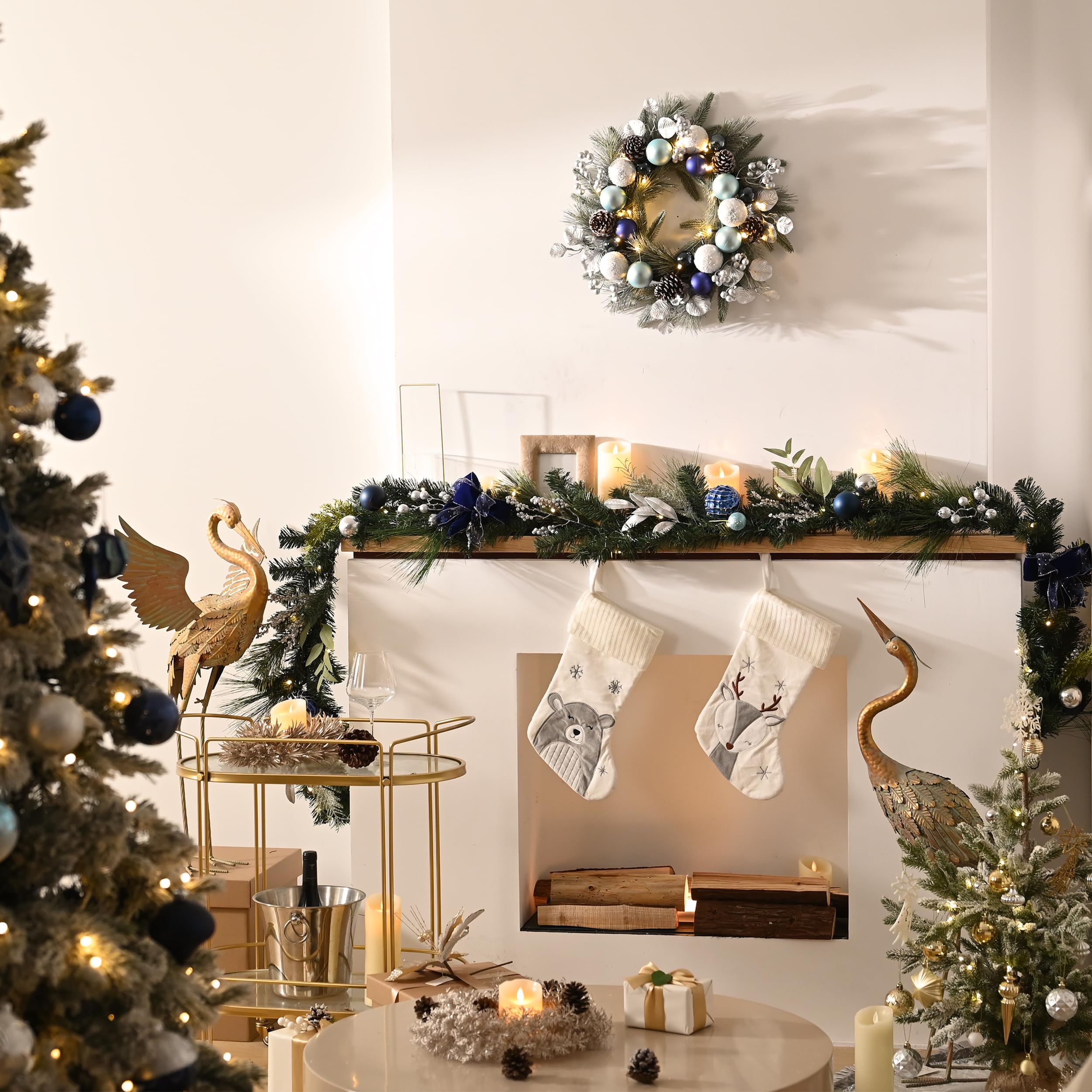 Valery Madelyn 9 feet Pre-Lit Christmas Garland with Light for Mantle, Lighted Battery Operated Xmas Garland with Silver Blue Balls for Front Door Fireplace Table Centerpiece Outdoor Window Home Decor