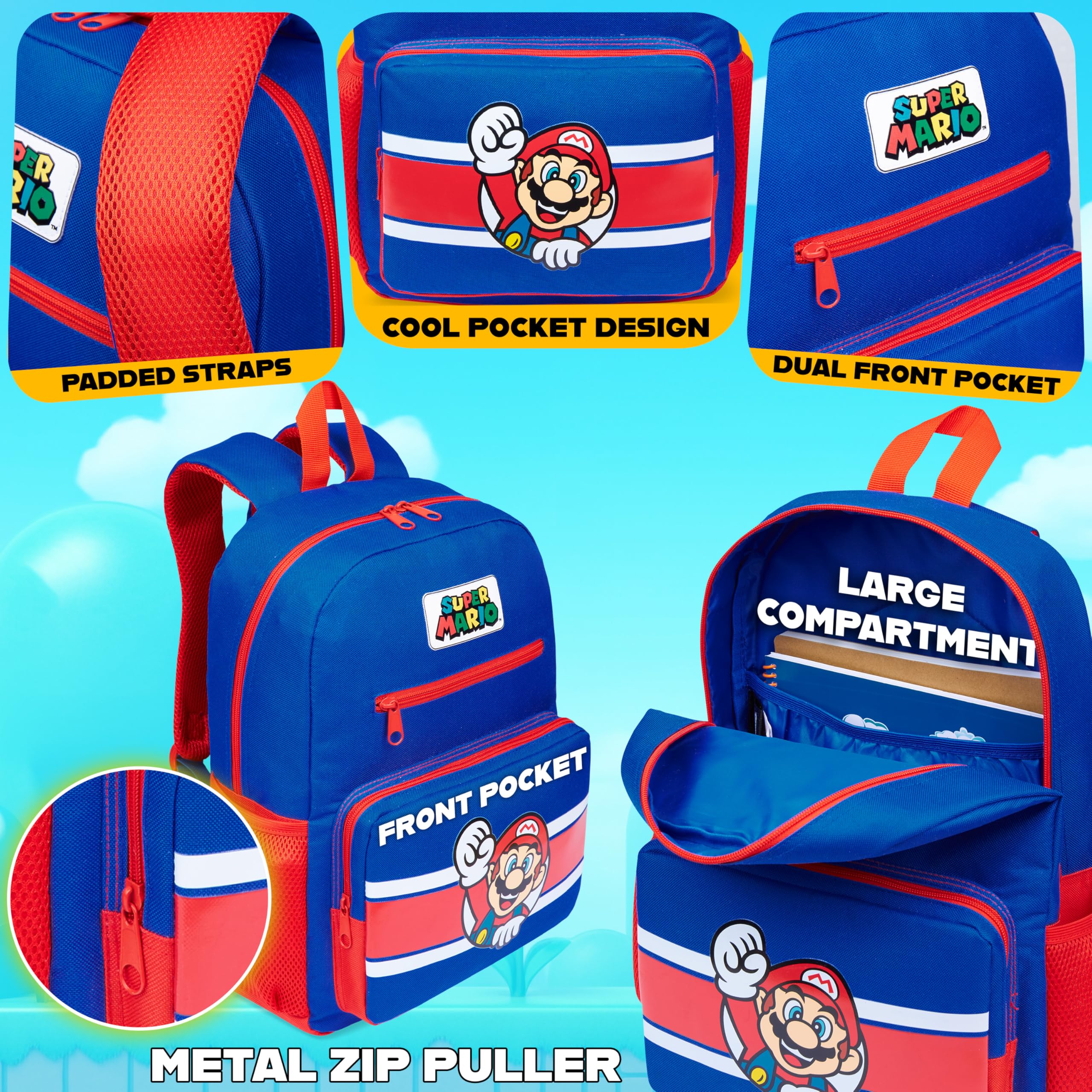 Super Mario Sac a Dos Enfant Garçon Fille Cartable Scolaire 6 Compartiments Sac Primaire Voyage Rentrée Cadeau Gamer