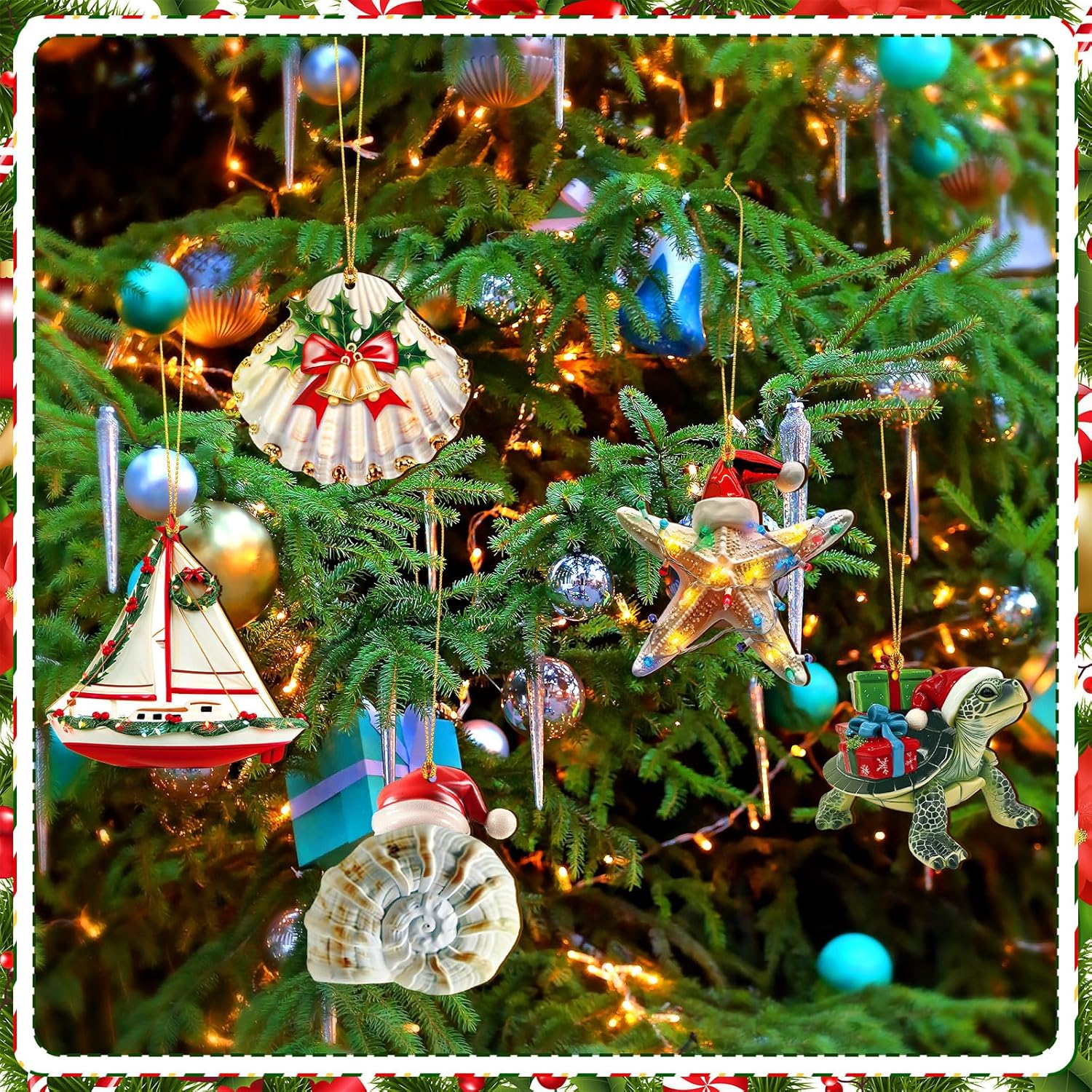 20 Pcs Sea Animal Coastal Christmas Ornament with Santa Hat Flat Wooden Beach Cutouts Sea Creature Tree Ornaments with Rope Seahorse Turtle Octopus Hanging Tree Decor for Holiday Xmas - Image 4