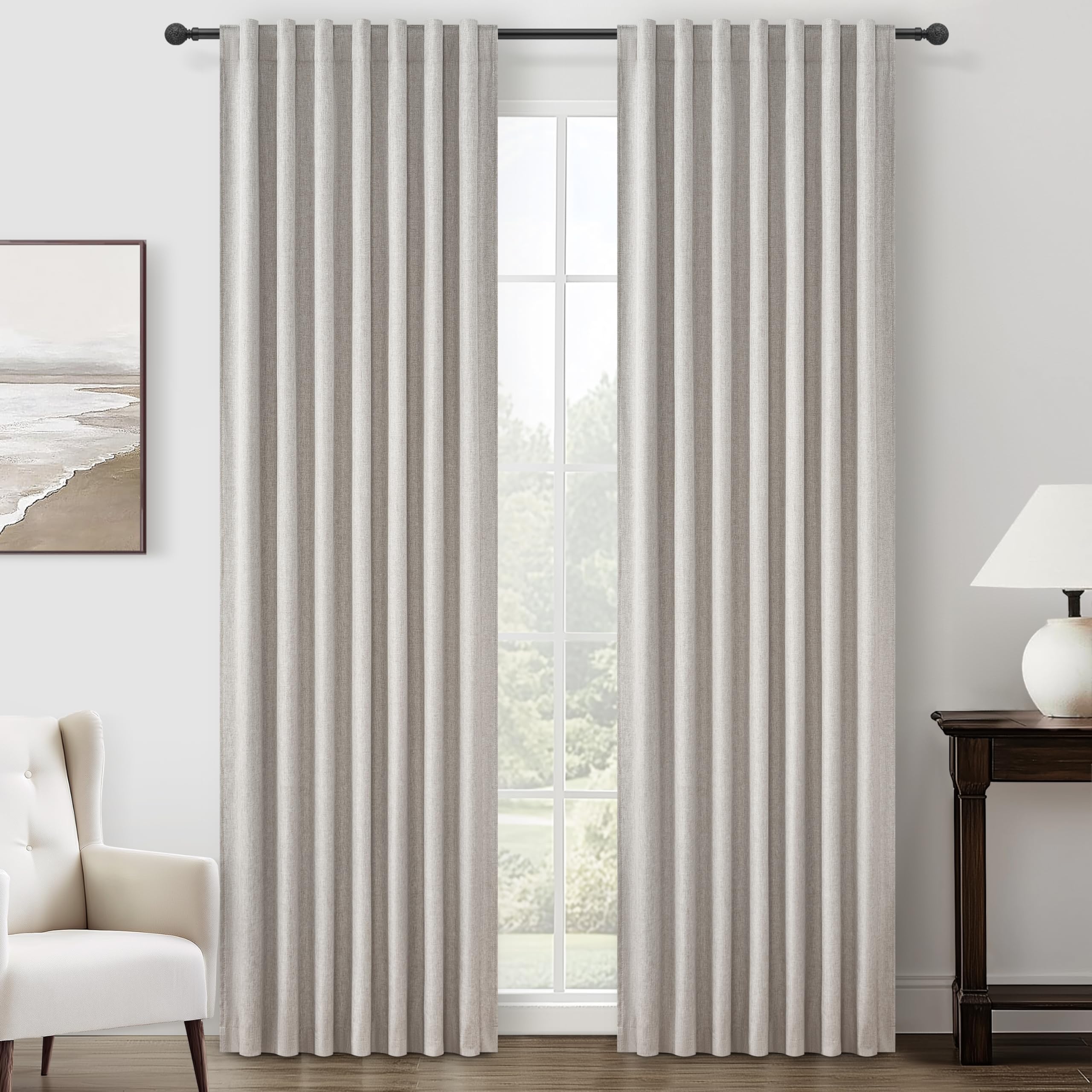 QJmydeco Thick Linen Blackout Curtains 90 Inches Long for Bedroom/Dining Room 2 Panels Set, Pleated Curtain with Pin Hooks Natural Melange Energy Efficient Drapes with White Backing (50"Wx90"L) โ image 1