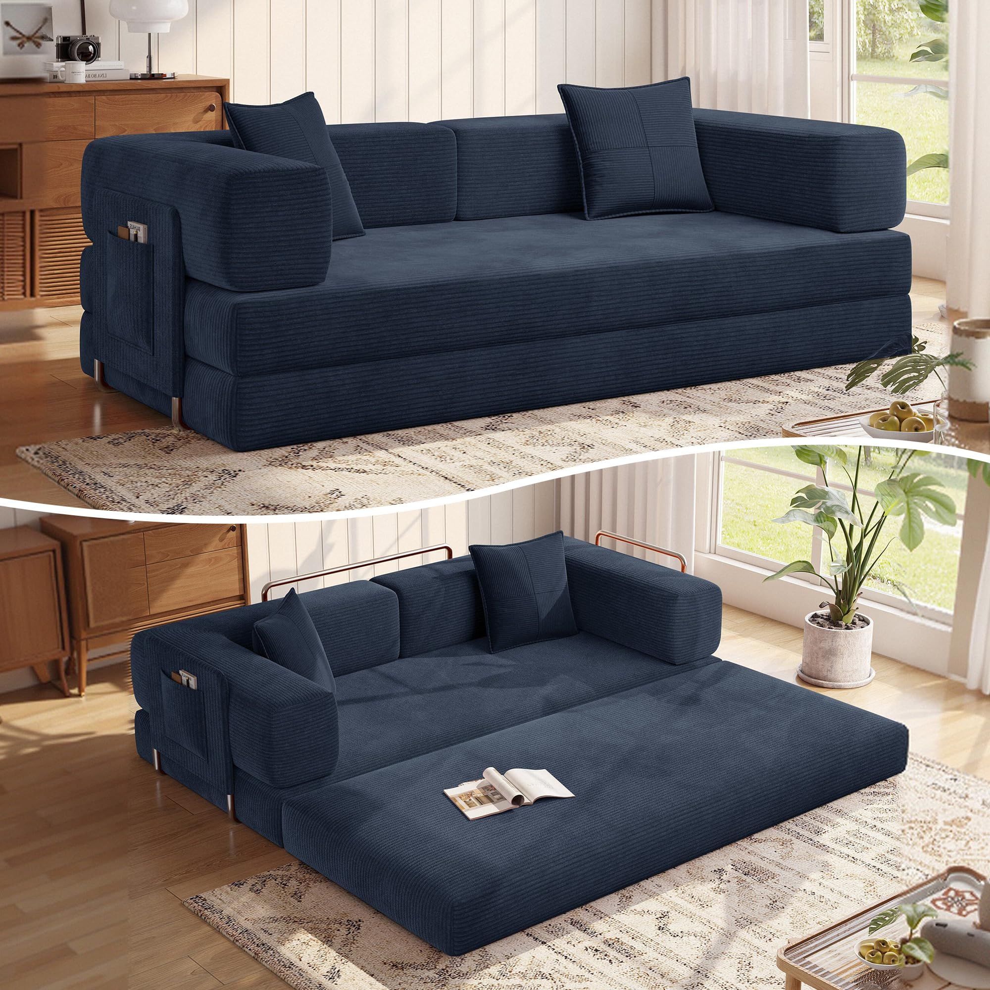 MoonSpeak 78.8'' Sleeper Couch Bed for Livingroom,Convertible Modular Sofa with Armrest Pillow,Modular Foldable Corduroy Couches in a Box,No Assembly (Royal Blue)
