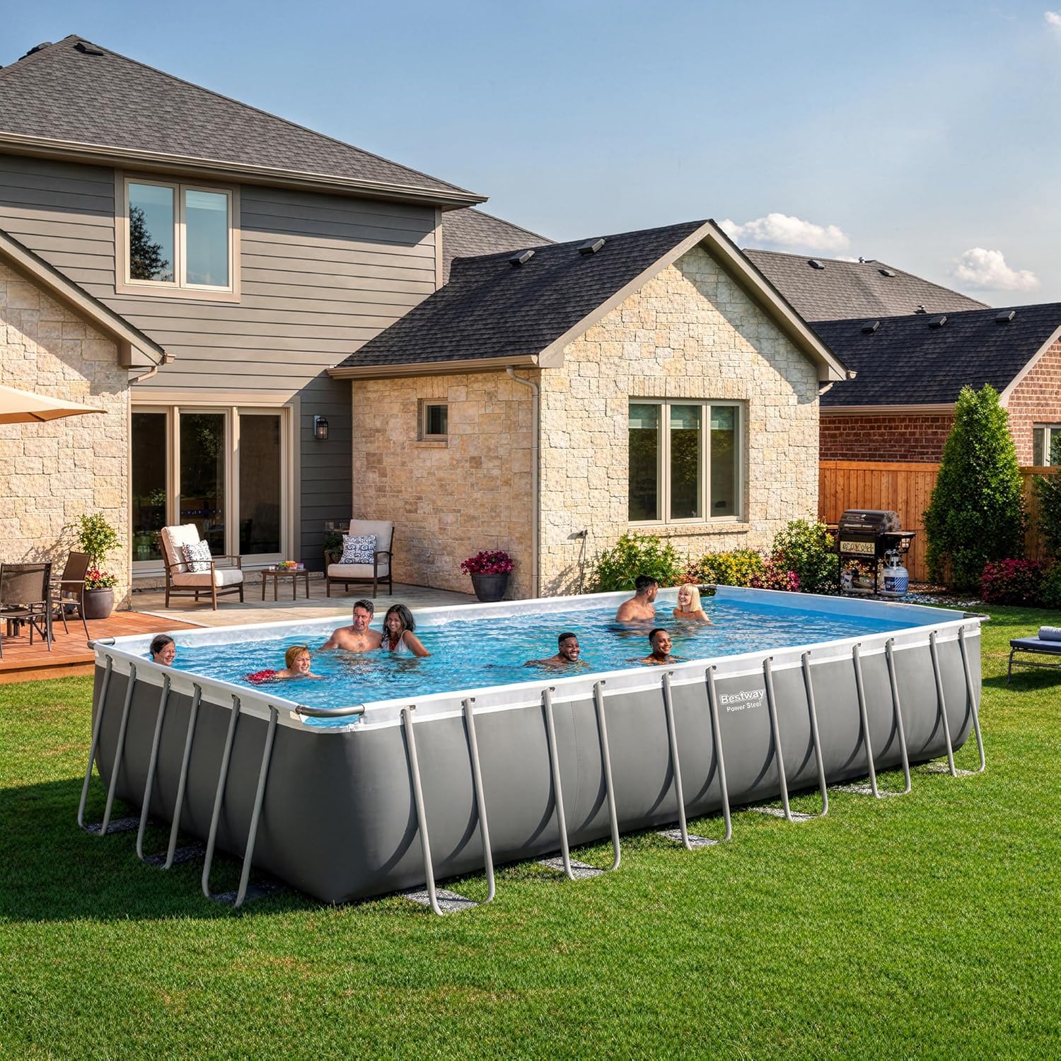 Bestway Power Steel 24’ x 12' x 52” Above Ground Pool, Rectangular Metal Frame Outdoor Swimming Pool Set with Sand Filter Pump, Ladder, and Cover